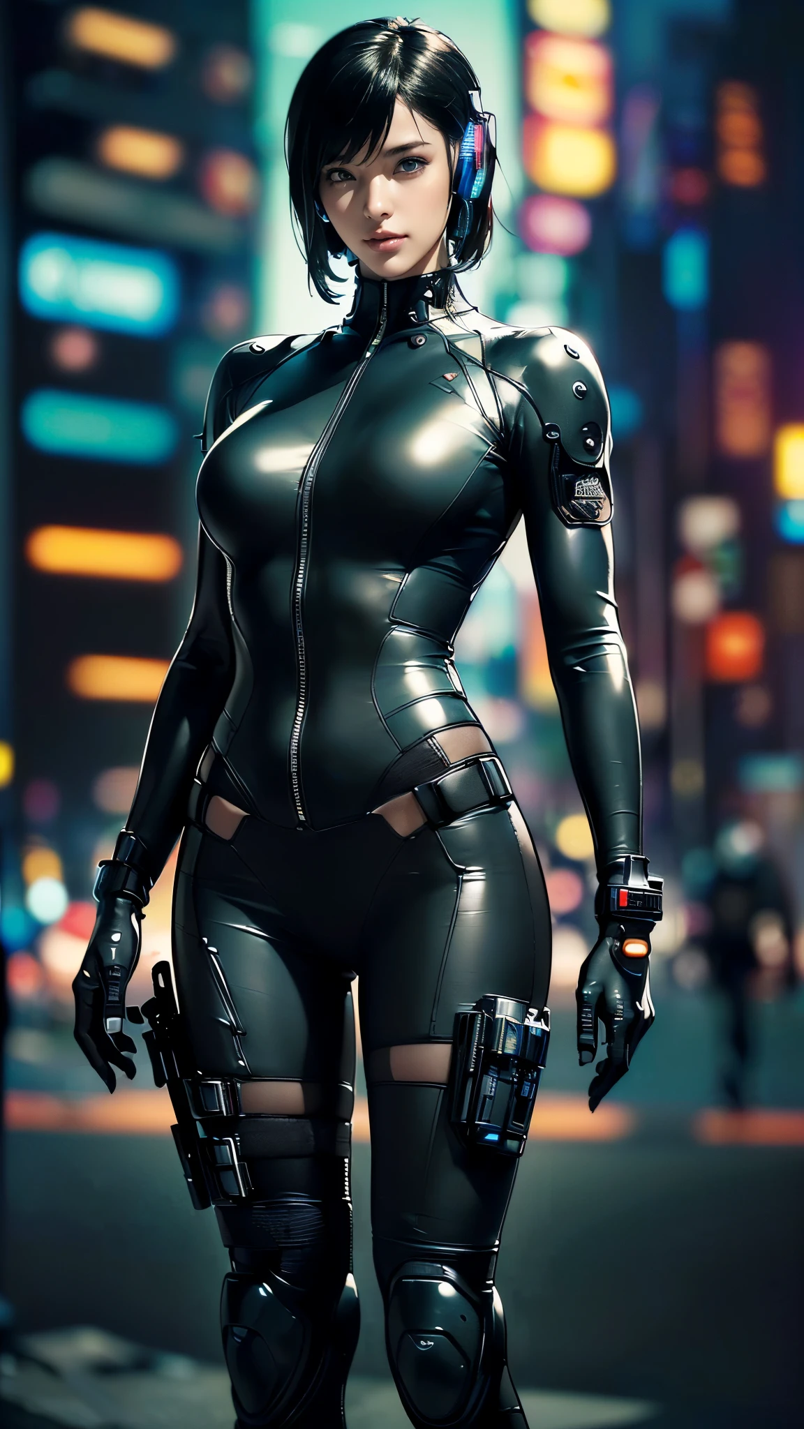 (One Woman),(((A SWAT woman is standing:1.5))),(((Left hand straighten:1.5))),((Black tactical bodysuit:1.5)),((Black headset:1.5)),((black tactical holster:1.5)),(Black Gloves:1.5),(smile:1.5),(Colorful Hair:1.5),(Beautiful Eyes:1.3),(Very detailedな顔:1.5),((Very detailedな女性の手の描画:1.5)),((Muscular:1.5)),(Sexy Looks:1.5),((Thick thighs:1.5)),(Beautiful body:1.5),((Very sensual:1.5)),(The background is a futuristic city:1.5),((Cyberpunk atmosphere:1.5)),(((Blur the background:1.5))),(Written boundary depth:1.5),BREAK(((masterpiece:1.5),(highest quality:1.5),(Very detailed:1.5),(High resolution:1.5),(Realistic:1.5),(Realistic:1.5),(Delicate depiction),(Careful depiction))),8k,wallpaper