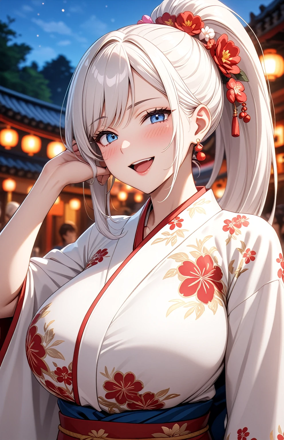 ((one personの女性)), Beautiful Face,Laughing in annoyance,((Wink:1.7)),Laughing with your mouth open,Bright red cheeks,Glossy pink lips,night,Shrine festival s高いs,((Anime style background)),masterpiece, highest quality, so beautiful, Latest, Complex details, (Pink long nails),AI-generated, Complex,High resolution, highest quality, super high quality,3D Images、View your viewers、3D Images,one person,Long white hair,High Ponytail,blue eyes,Anime woman posing for a photo, [[Fine grain、Colorful eyes、Shining Eyes:1.15]],(Squint your eyes:1.1),a hyperRealistic , hyperRealistic , Realistic,Anime woman with long and white hair, Smooth anime CG art, A woman in a colorful kimono with gold embroidery, (White kimono),Red floral pattern,Long flower hair ornament,Big earrings,Mature Body,(Big Breasts:1.2),Tall,Big Ass,Fine details,Narrow waist,(Face close-up:1.5),Diagonal Background,Bending the hips