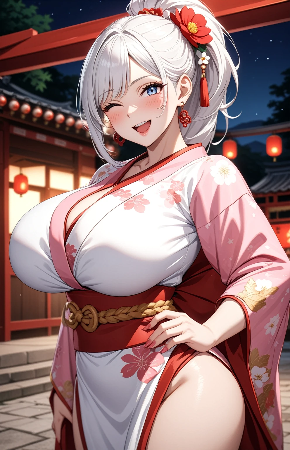 ((one personの女性)), Beautiful Face,Laughing in annoyance,((Wink:1.7)),Laughing with your mouth open,Bright red cheeks,Glossy pink lips,night,Shrine festival s高いs,((Anime style background)),masterpiece, highest quality, so beautiful, Latest, Complex details, (Pink long nails),AI-generated, Complex,High resolution, highest quality, super high quality,3D Images、View your viewers、3D Images,one person,Long white hair,High Ponytail,blue eyes,Anime woman posing for a photo, [[Fine grain、Colorful eyes、Shining Eyes:1.15]],(Squint your eyes:1.1),a hyperRealistic , hyperRealistic , Realistic,Anime woman with long and white hair, Smooth anime CG art, A woman in a colorful kimono with gold embroidery, (White kimono),Red floral pattern,Long flower hair ornament,Big earrings,Mature Body,(Big Breasts:1.2),Tall,Big Ass,Fine details,Narrow waist,(Face close-up:1.5),Diagonal Background,Bending the hips