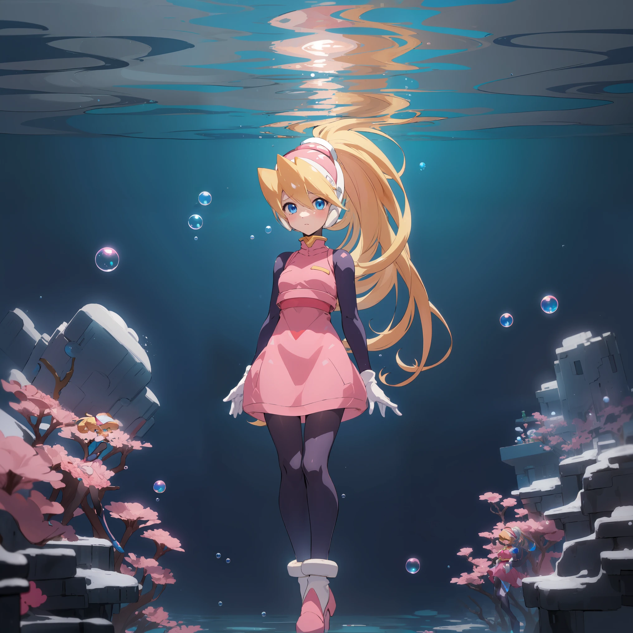 ciel_megamanz, 1girl, solo, long hair, blue eyes, blonde hair, ponytail, headgear, pantyhose, white gloves, pink dress, high quality, masterpiece, standing in an underwater city with lots of bubbles, in the style of yuumei, intricate architectures, indigo, miniature illumination, daniel f. gerhartz