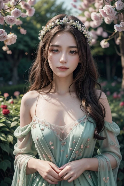 In a serene garden of eternal spring, a figure draped in an embroidered gown of twilight hues stands amidst a sea of roses, facing the camera. Their hair cascades in curls, crowned with a diadem of blooming roses, each petal a whisper of nature’s elegance. The air is perfumed with the scent of fresh blossoms, and the soft rustle of leaves accompanies the gentle touch of the breeze. Zoom face.Hyper Realistic. High quality. 4k