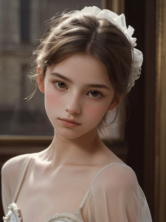 (a high resolution,masterpiece:1.2),(realistic:1.37)"(Best quality, a high resolution, ultra detailed, realistic),beautiful portrait of a 16-year-old French ballerina from the 19th century., (She&#39;s half French, half Japanese., and a stunning beauty with dark blue eyes and a high nose:1.1), complex ballet costume, detailed facial features, long graceful neck, loose strands of hair, poised and elegant posture, Soft and gentle lighting, Classical oil painting, bright colors, delicate background with floral motifs", Dreamy atmosphere, Surrealism,mystical aura