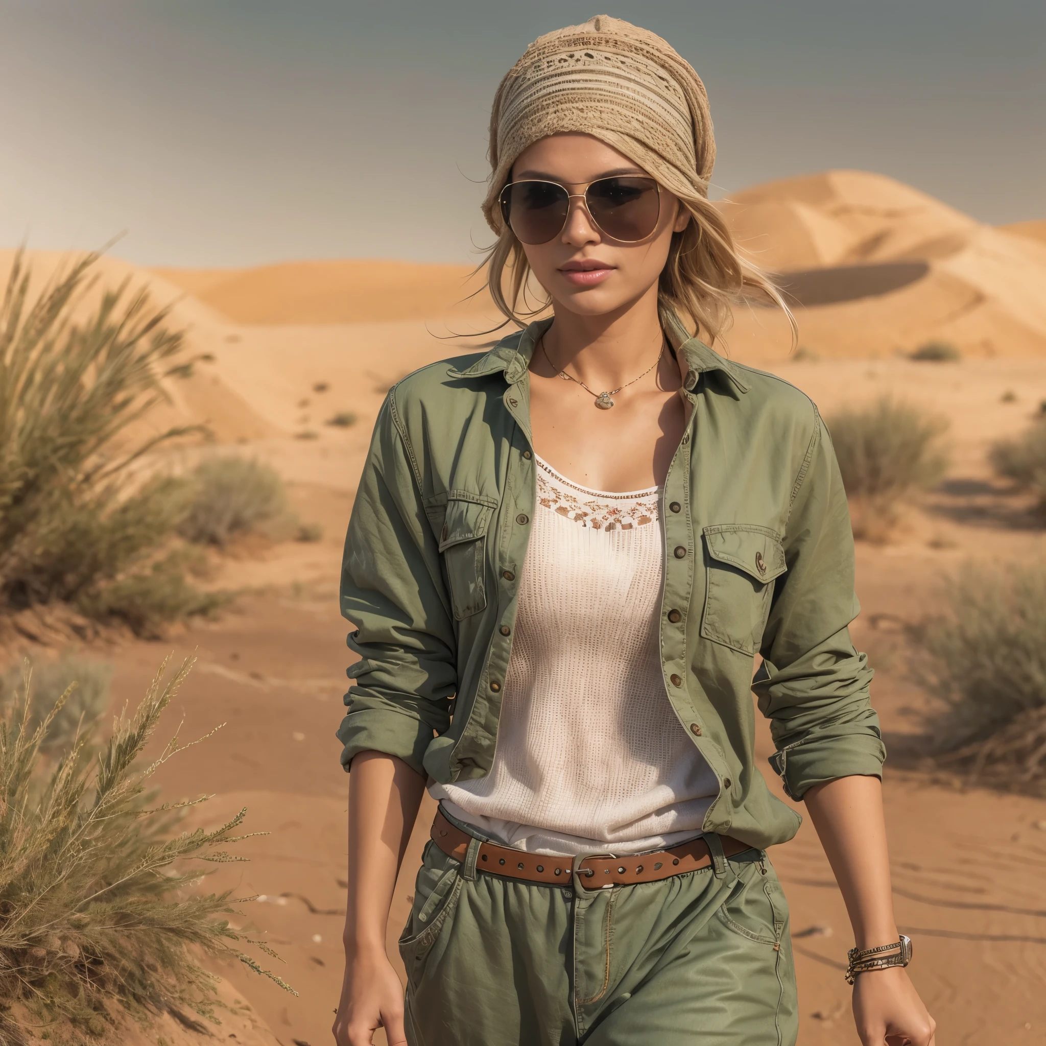 ((Best quality)), ((masterpiece)), ((realistic)), ((Best quality)), ((masterpiece)), ((realistic)), Girl walking in desert, looking tired, wearing Loose-fitting clothing Long-sleeved shirts and pants, Headgear, Sunglasses, very beautiful, in a natural and casual style on eye level, scenic, masterpiece, (highres), original, extremely detailed 8K , (photorealistic:1.4),flawless face, perfect eyes,symmetrica body shape,smile, prinzzess 
