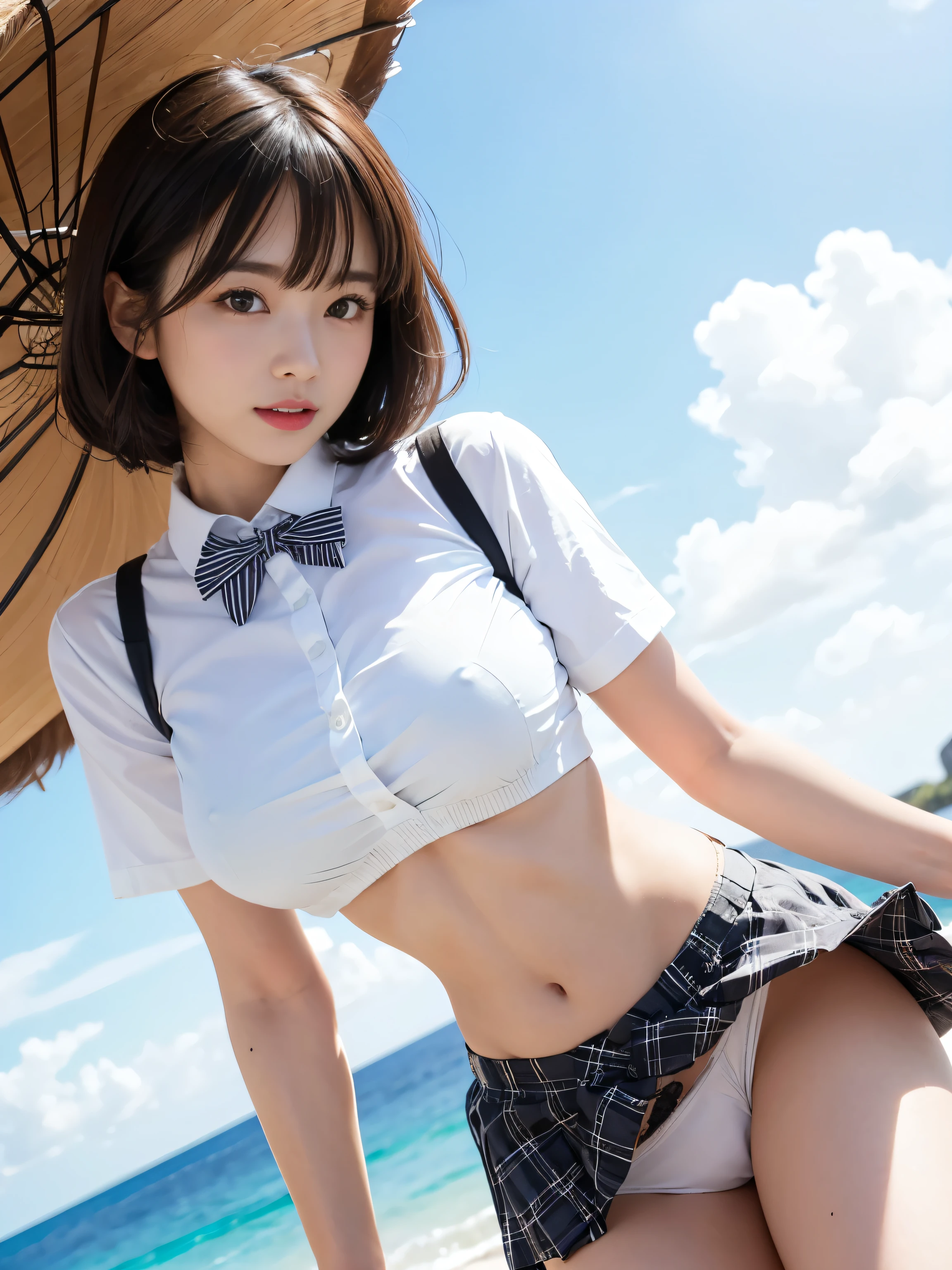ultra highres,(reality: 1.4),highest quality, masterpiece, high detail, 16K quality, beautiful, 1 beautiful girl,japanese,super beautiful face,,japanese idol face,cute face,super detailed face,detailed hand,beautiful skin,sweaty skin,big eyes,big smile,profeccional lighting,medium hair, black hair,brown beautiful eyes, white shirt,bowtie,brown checked skirt,standing,skirt lift,((wind lift:1.3)),(((show off panties))),((white panty)),medium breasts,she is looking at the camera,beach,blue sky, beautiful blue ocean,nsfw,from front,