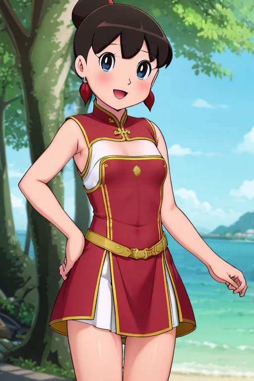  Kagura, red hair, red dress, double bun, bun cover, china dress, chinese clothes, knee boots, short sleeves, small breasts, Blue eyes, tree, (in_tree), on branch, v,, (masterpiece:1.3), (best_quality:1.3), (ultra_detailed:1.3), 8k, extremely_clear,, 1girl, solo, wide_shot,, outdoors,, insane details, intricate details, hyperdetailed, ultra detailed, extreme detailed, highest detailed, high_detail, colorful, beautiful, hdr, photorealistic, highres, ultra_high_res, photography, aesthetic, extremely_delicate,, seductive_smile,