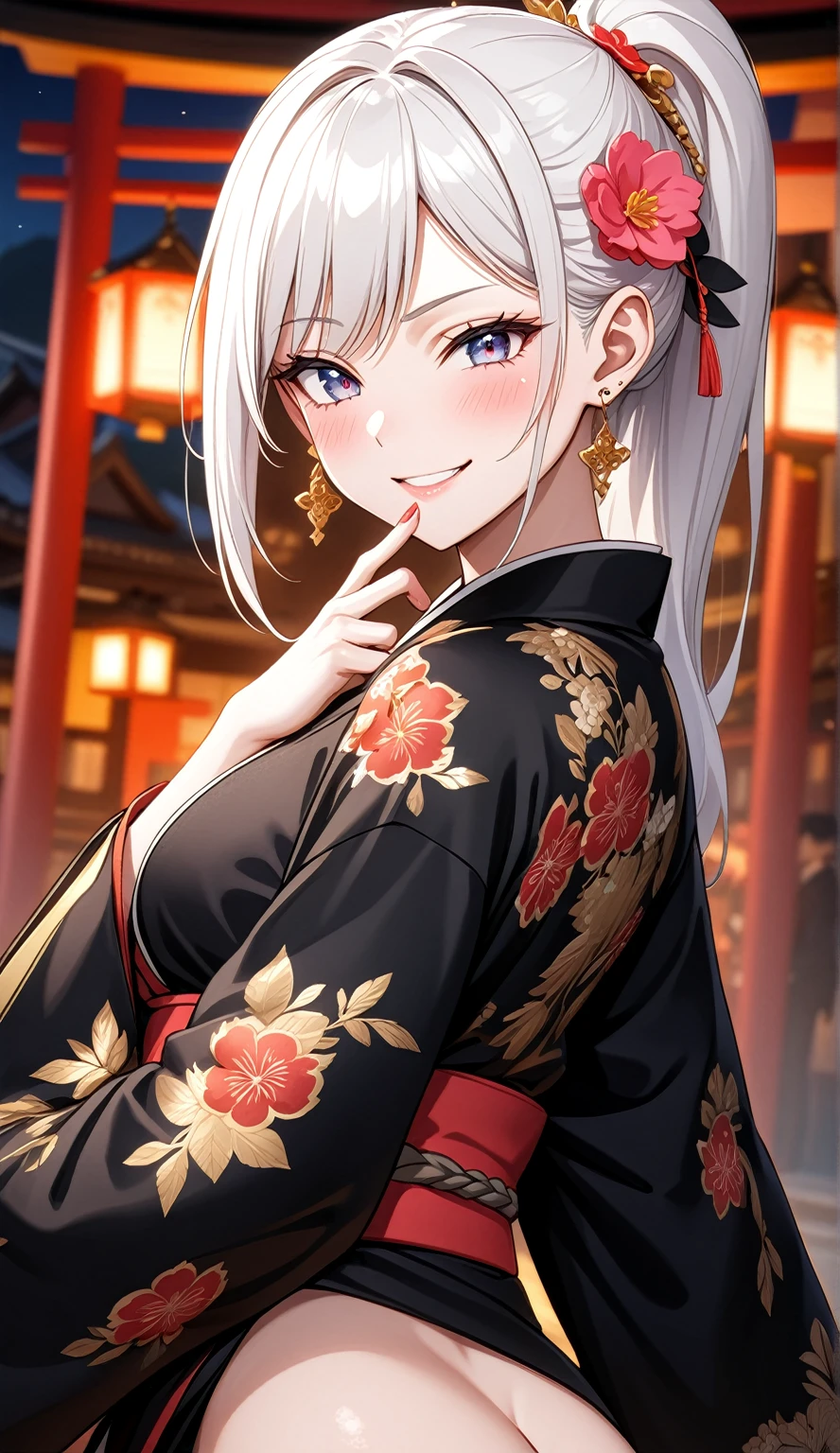 ((one personの女性)), Beautiful Face,Laughing in annoyance,((Wink:1.7)),Laughing with your mouth open,Bright red cheeks,Glossy pink lips,night,Shrine festival s高いs,((Anime style background)),masterpiece, highest quality, so beautiful, Latest, Complex details, (Pink long nails),AI-generated, Complex,High resolution, highest quality, super high quality,3D Images、View your viewers、3D Images,one person,Long white hair,High Ponytail,blue eyes,Anime woman posing for a photo, ((Fine grain、Colorful eyes、Shining Eyes:1.0)),(Squint your eyes:1.1),a hyperRealistic , hyperRealistic , Realistic,Anime woman with long and white hair, Smooth anime CG art, A woman in a colorful kimono with gold embroidery, (Black kimono),Red floral pattern,Long flower hair ornament,Big earrings,,Mature Body,Tall,Big Ass,Fine details,Narrow waist,(Face close-up:1.5),Diagonal Background,(Shooting from an angle)
