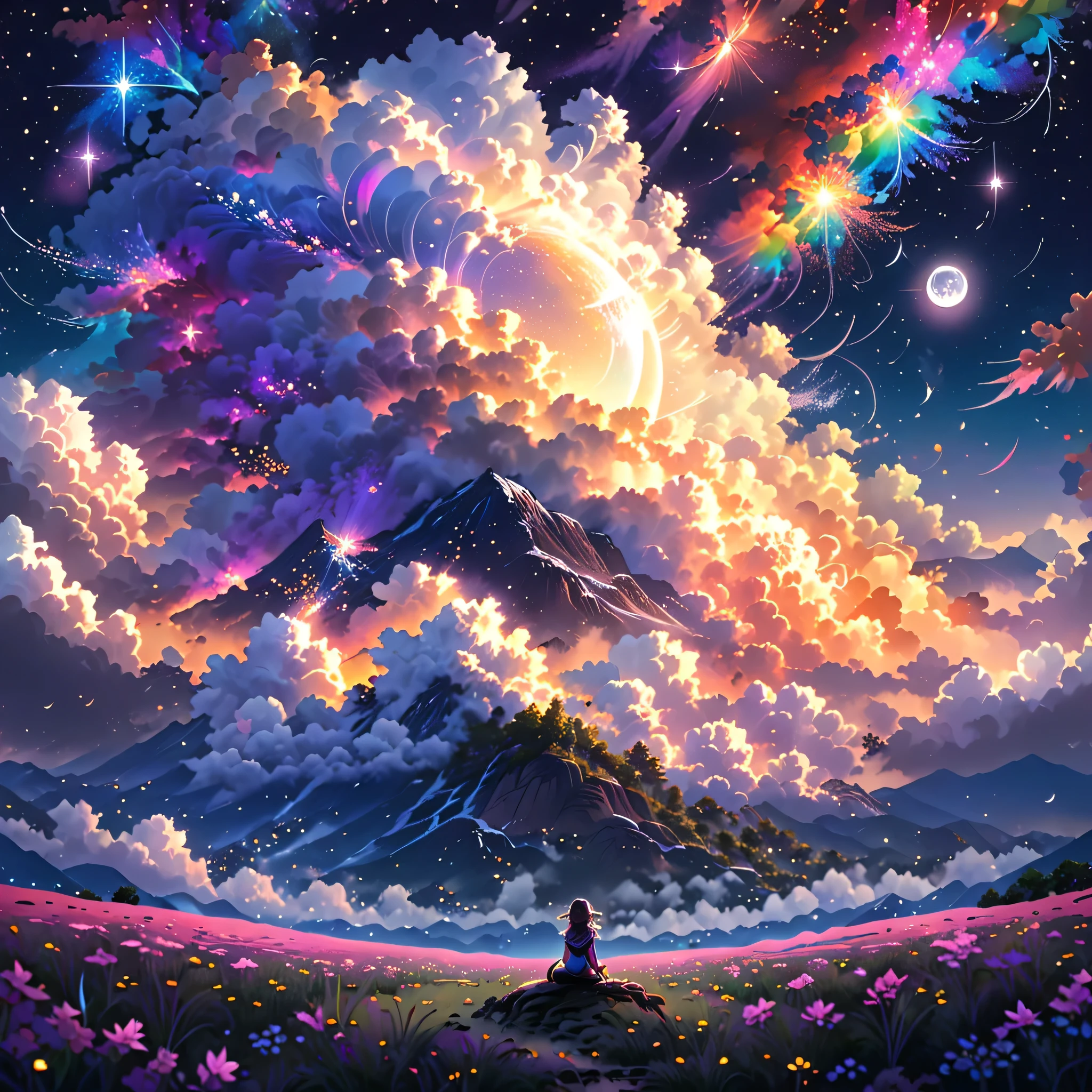 A wide landscape photo, (viewed from below, the sky is above, and the open field is below), an anime girl sitting on colorful flowers field looking up, (full moon: 1.2), (meteor: 0.9), (nebula: 1.3), distant mountains , shooting stars, Trees BREAK Crafting Art, (Warm Light: 1.2), (Firefly: 1.2), Lights, Lots of Purple and Orange, Intricate Details, colorful palette,Volumetric Lighting BREAK (Masterpiece: 1.2), (Best Quality), 4k, Ultra Detailed, (Dynamic Composition: 1.4), Rich in Detail and Color, (Rainbow Color: 1.2), (Glow, Atmospheric Lighting), Dreamy, Magical, (Solo: 1.2),