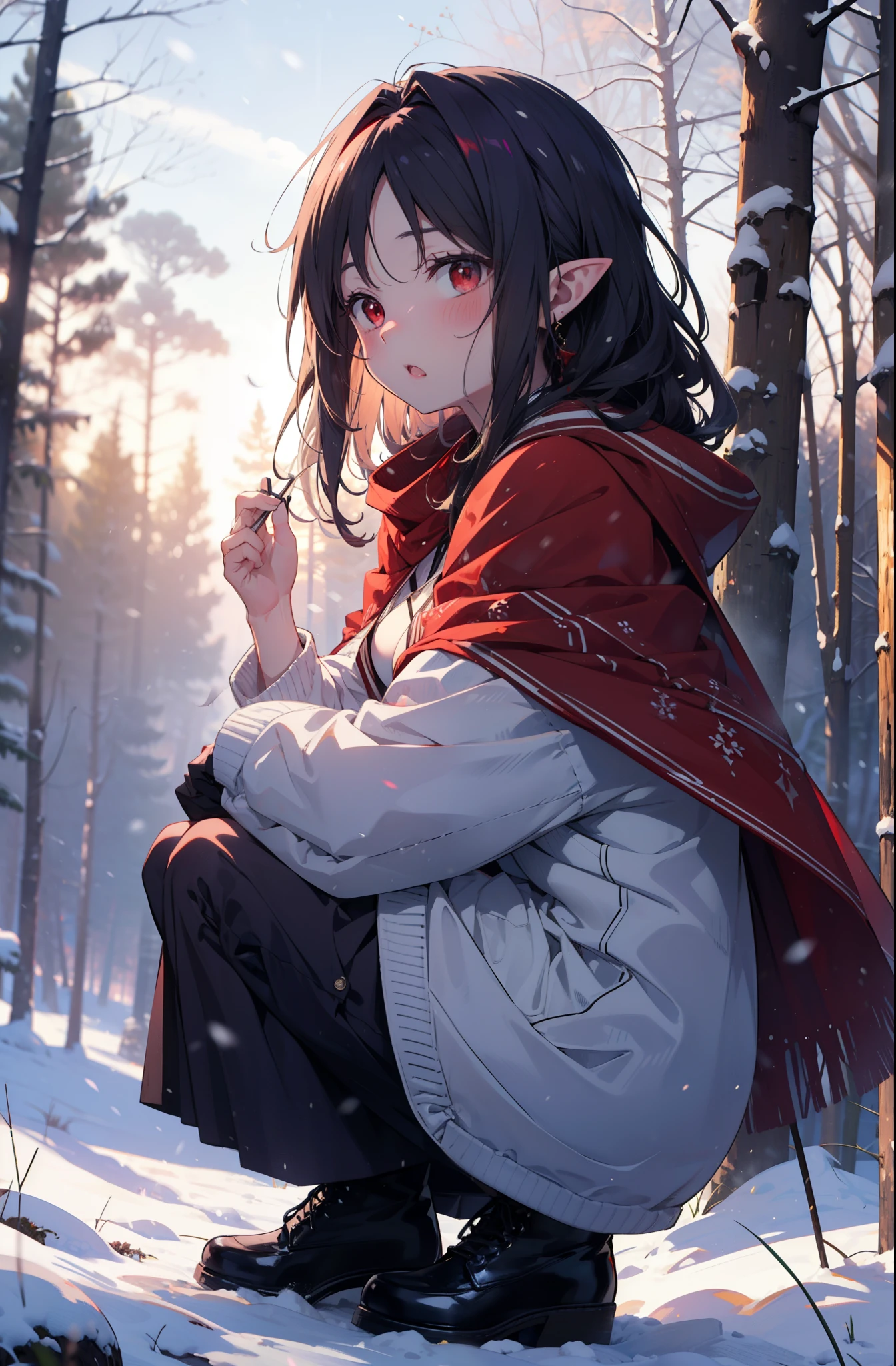 yuukikonno, Yuki Konno, hair band, Long Hair, Pointy Ears, Purple Hair, (Red eyes:1.5), (Small breasts:1.2),blush,White Breath, Open your mouth,snow, Bonfire, Outdoor, boots, snowing, From the side, 地面でBonfireをしている,wood, suitcase, Cape, Blurred, forest,  nature, Brown eyes, , Squat, Mouth closed, ,Cape, winter, Written boundary depth, Black shoes, red Cape
break looking at viewer, Upper Body, whole body,
break Outdoor, forest, nature,
break (masterpiece:1.2), highest quality, High resolution, unity 8k wallpaper, (shape:0.8), (Beautiful and beautiful eyes:1.6), Highly detailed face, Perfect lighting, Highly detailed CG, (Perfect hands, Perfect Anatomy),