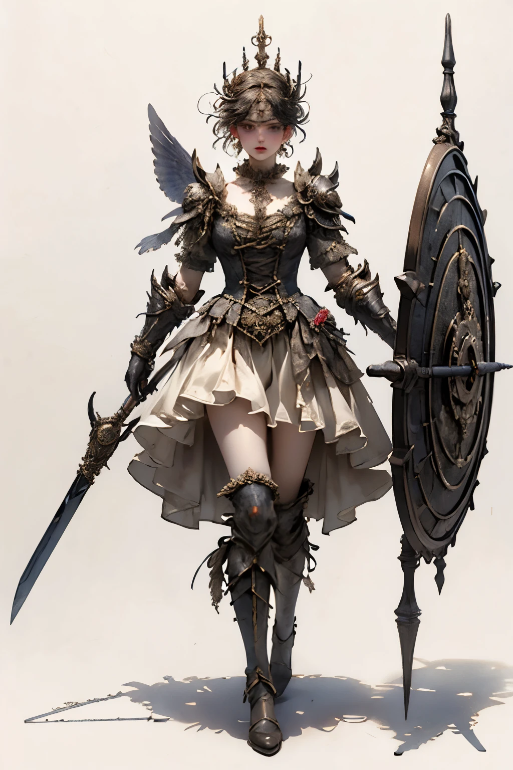 ((best quality)), ((masterpiece)), (detailed), perfect face ((best quality)), ((masterpiece)), (detailed), blank white background, plain background, white background, Bloodborne inspired, occult aesthetic, occult, detailed and intricate steampunk and detailed gothic, (zentangle, mandala, tangle, entangle), NSFW, a beautiful goddess adorned and enshrined in armour, Bloodborne inspired , occult aesthetic , occult , detailed and intricate steampunk and detailed gothic , wielding a sword and holding a shield, Fluttering lace flared short dress with frilly petticoats, NSFW, beautiful small breasts, small breasts, full body, whole body, body,