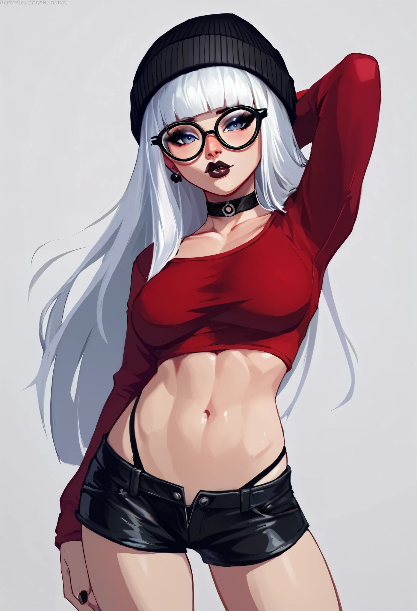 score_9, score_8_up, score_7_up, score_6_up, score_5_up, score_4_up, BREAK 1girl, white hair, hime-cut hair, straight hair, long hair, grey eyes, thick lips, small, long eyelashes, half-closed eyes, black-framed eyewear, round eyewear, black choker, blunt bangs, adult, black eyeliner, large breasts, ear piercing, black lips, grey eyeshadow, looking at viewer, BREAK solo, standing, adult, skinny, highleg, arched back, from above, thigh gap, red shirt, black shorts, beanie hat, BREAK (white background:1.2), simple background, dynamic pose, dynamic angle, angled shot,

