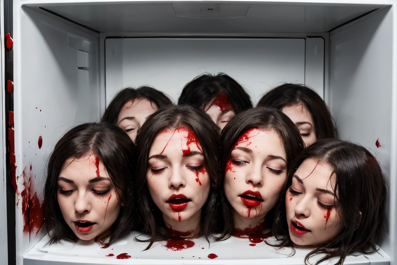 there are many women with blood on their faces in a refrigerator, inspired by Gottfried Helnwein, by Marina Abramović, horror photo, blood dripping down the head, horror photography, bleeding in the bath, bleeding audience, photography alexey gurylev, lots of blood, carmilla vampire, placed in a bloody hall, by Matija Jama