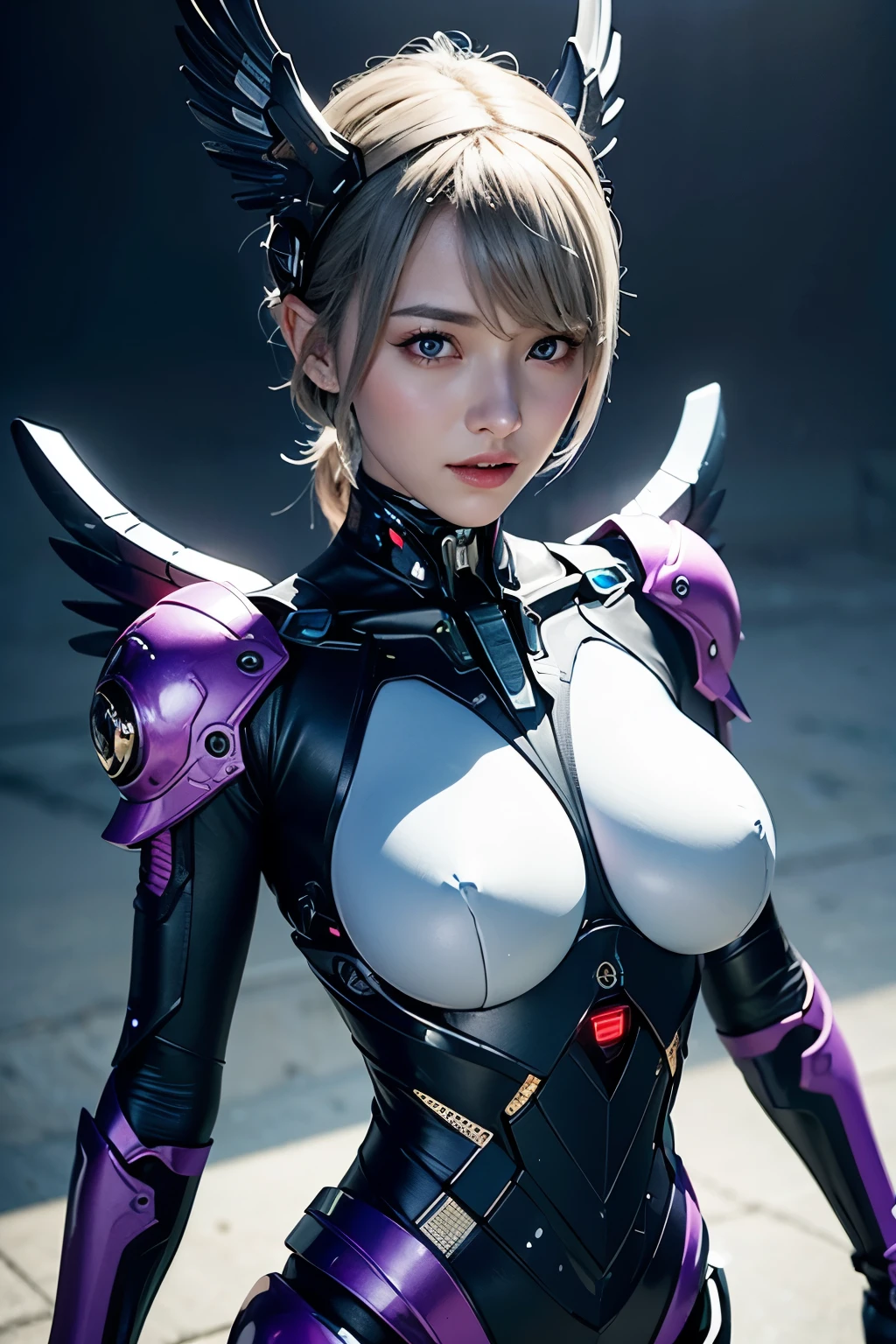 masterpiece, (Photorealistic:1.4), RAW Photos, Cyborg Angel, Large metal wings, White porcelain body, Gray Hair, Glowing Skin, 1 Cyborg Girl, ((Ultra-Realistic Details)), Global Illumination, Shadow, Octane Rendering, 8k, Super sharp, Character edge light, Huge boobs, Intricate decorative details, Details of Sumerian hydraulic cylinders, Small LED Lamp, Very intricate details, Realistic Light, Purple eyes, Shining Eyes, To the camera, Neon Details, Cowboy Shot, Futuristic headgear, cyber punk