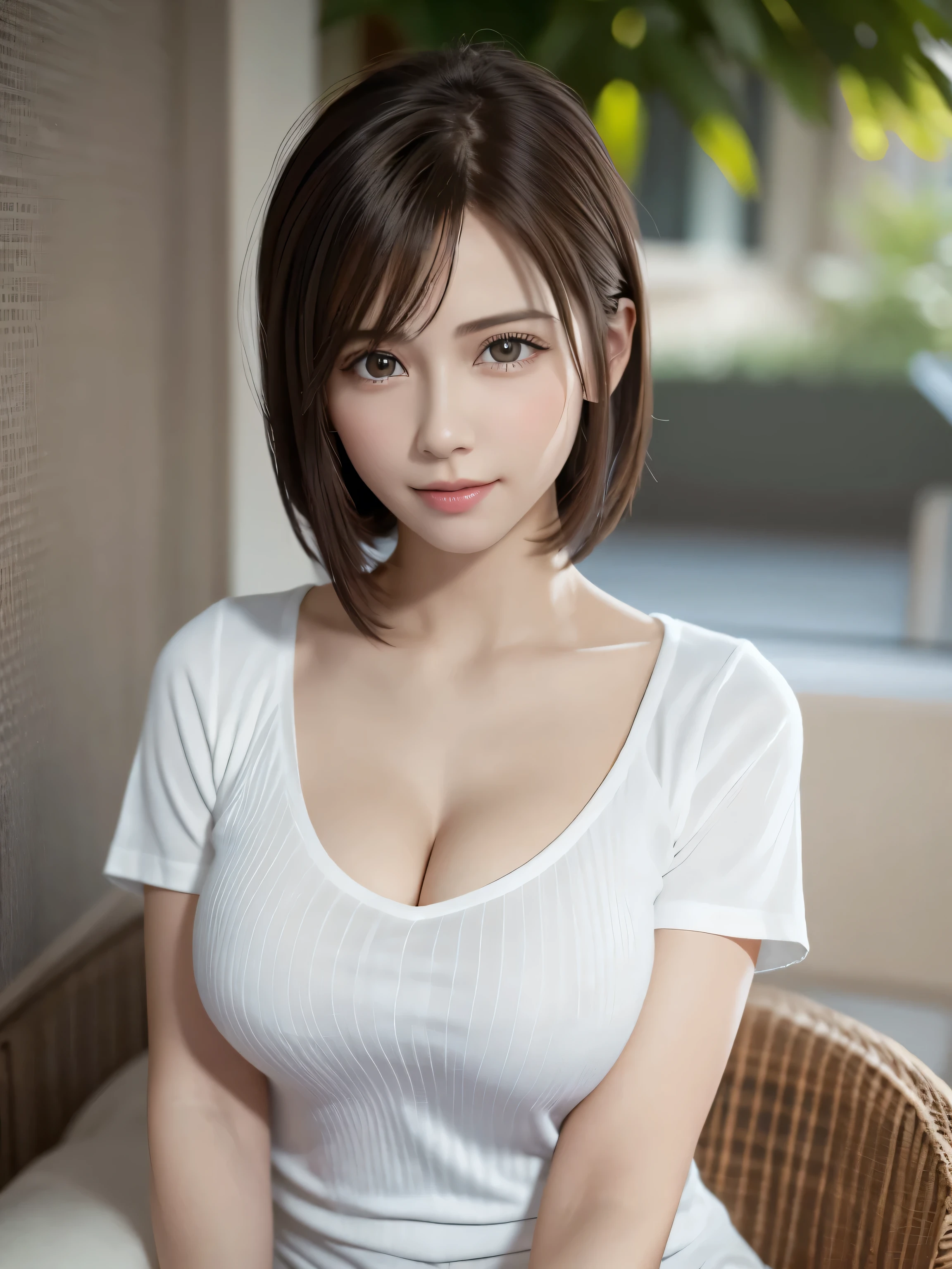 Top quality, Ultra-high resolution, (Reality: 1.4), beautiful eyes，Short and delicate hair，White T-shirt，Beautiful breasts, spouse, lover&#39;s eyes, Sexy smile, Perfect style, Perfect balance, Delicate skin,