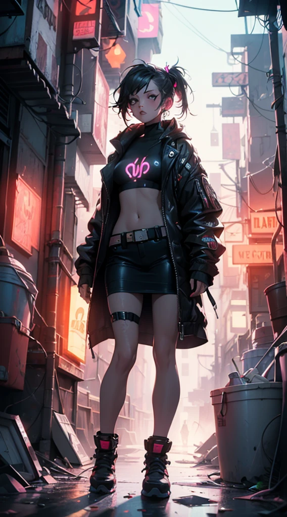 ((Super detailed, masterpiece, absurd))
 decadent, 1 chico, , short hair, Brown hair, high ceiling, city lights background, Permanent, Stylish Suits, A confident power stance designs cool and sexy cyberpunk style clothing.，We can adopt the following design elements and concepts.：

**Basic tones and materials.**：
- Black as main color，Reflecting the dark technological sense of cyberpunk。
- Made of smooth leather and metallic synthetic fibers.，Improving the sense of the future。

**Superior design**：
- Fitted vest，Cut for a slim fit，show your figure。
- Geometric cutouts on back and shoulders.，Increases breathability and sensuality.。
- The LED light strip on the chest can display patterns or text，Customized and technologically advanced。

**Background design**：
- Low-rise briefs，Reflective material edges.，grab the eye。
- Partially cut metal mesh and chain.，Covering and provoking。
- Elastic straps or adjustable buckle，Greater comfort and flexibility.。

**Loop design for legs**：
- Mid-thigh leg，Decoration of chains and metal rivets.，Strength and sensuality。
- adjustable size，Suitable for different body types。

**Accessories**：
- Chain at waist adds layers and movement.。
- The knee pads or shin guards are made of translucent material and fluorescent color，shine in the night，Improves the sense of science fiction.。

**General Style**：
- Focus on lines and structure.，Reflecting cyberpunk rebellion and technological quest。
- Transparent hollow design，Stay cool and sexy。