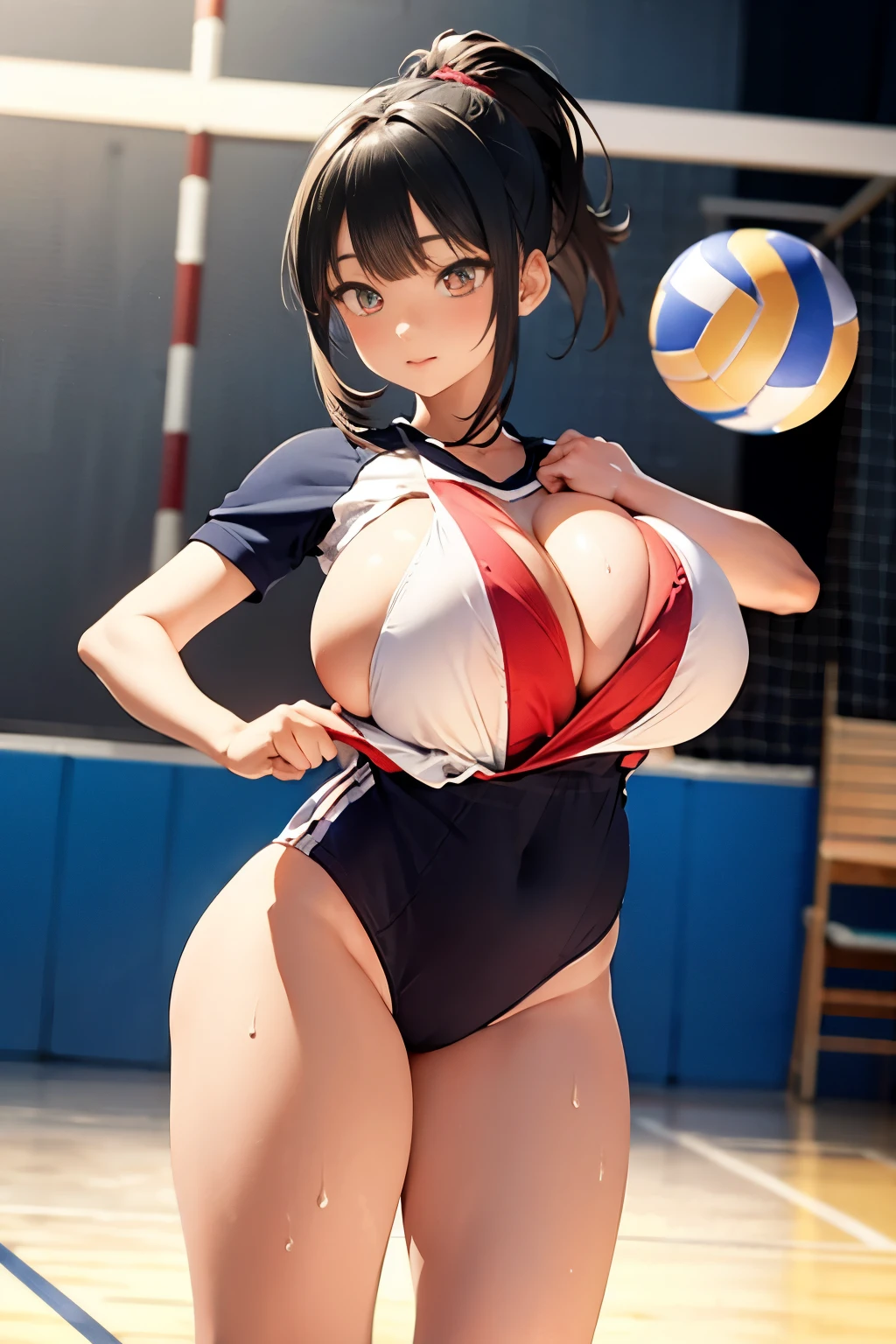 nsfw,highest quality、In 8K、masterpiece、Hmph、超A high resolution、RAW Photos、(Photorealistic:1.3)、Natural soft light、(Depth of written boundary)、Slender、(whole body:1.2)、From behind、Detailed face and eyes、Realistic students、Sharp pupils、Inside the gymnasium storehouse、(Dynamic action poses、play volleyball)、Beautiful Face、Beautiful girl of 36 years old、Glowing Skin、ponytail、Beautiful black hair、Red Eye、(blush:0.7)、Embarrassed face、Sweat、Volleyball Uniforms、(Thighs Thighs Thighs Thighs:0.8)、Hips、(Huge Breasts:1.5)、Grabbing her chest、Erect nipples:1.2、Small nose、Small Nose