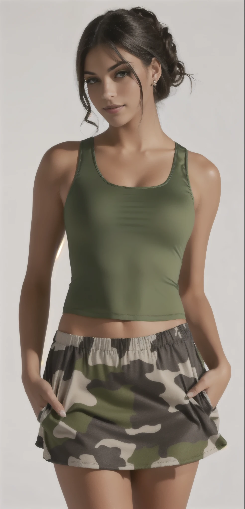 a woman in a green regata and camouflage skirt, tight fitted regata, Oliva green, regata, vestindo roupas simples e justas, top verde, wearing regata, two piece workout clothes, wearing a cropped black regata, Oliva, wearing a black cropped regata, regata, vestindo uma regata, tops sem mangas, regata preta apertada