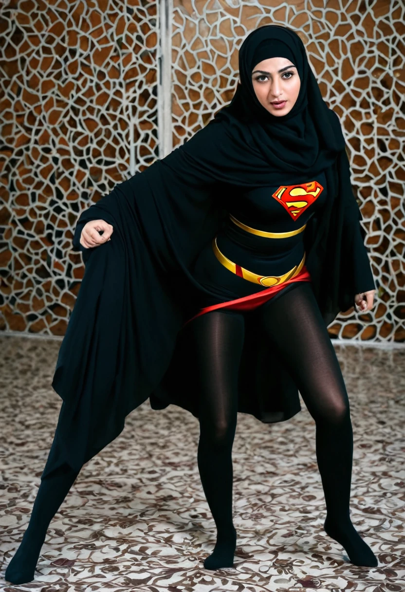 An Iranian chador woman in pantyhose fighting with Superman