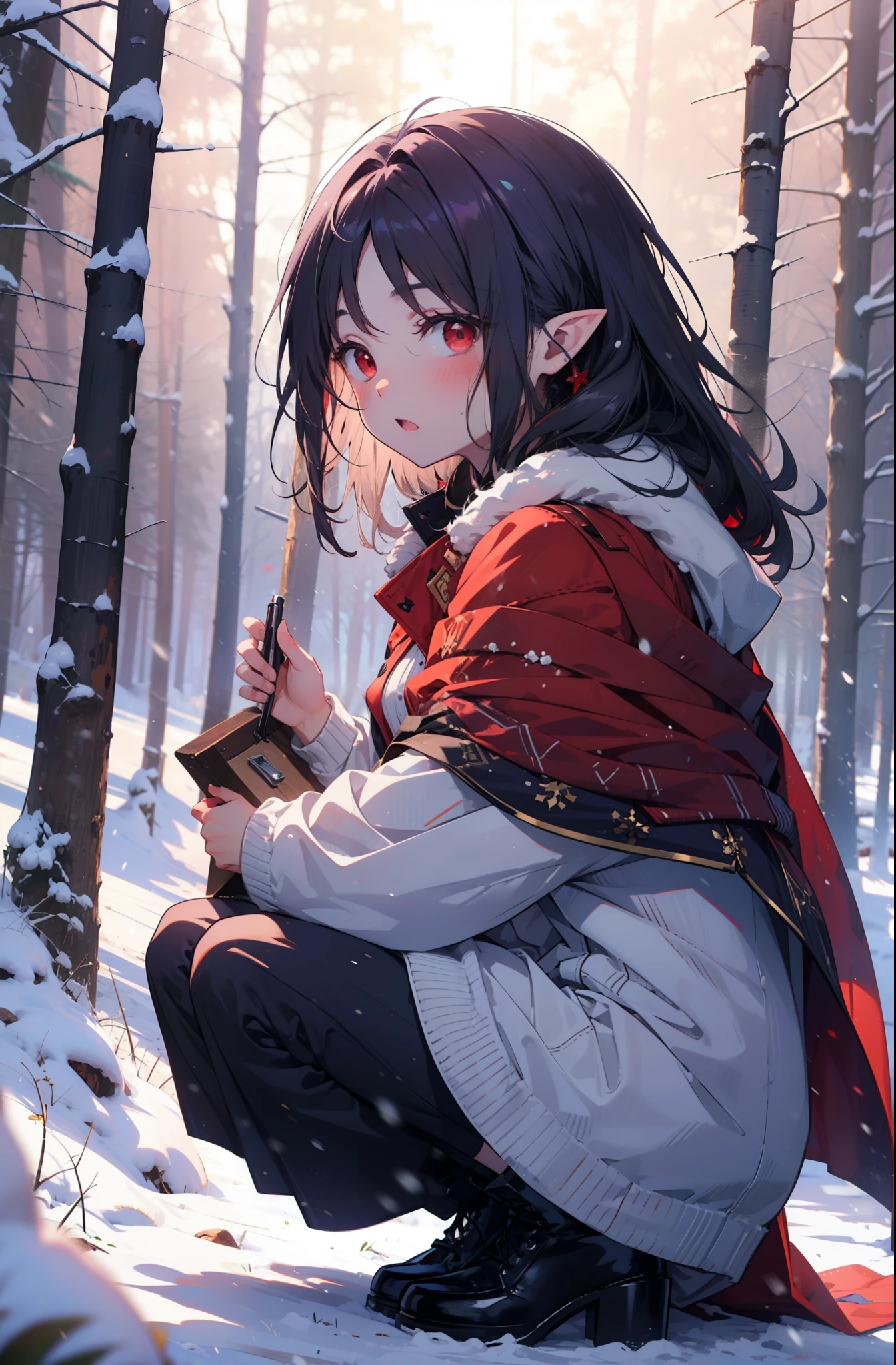 yuukikonno, Yuki Konno, hair band, Long Hair, Pointy Ears, Purple Hair, (Red eyes:1.5), (Small breasts:1.2),blush,White Breath, Open your mouth,snow, Bonfire, Outdoor, boots, snowing, From the side, 地面でBonfireをしている,wood, suitcase, Cape, Blurred, forest, nature, Brown eyes, , Squat, Mouth closed, ,Cape, winter, Written boundary depth, Black shoes, red Cape
break looking at viewer, Upper Body, whole body,
break Outdoor, forest, nature,
break (masterpiece:1.2), highest quality, High resolution, unity 8k wallpaper, (shape:0.8), (Beautiful and beautiful eyes:1.6), Highly detailed face, Perfect lighting, Highly detailed CG, (Perfect hands, Perfect Anatomy),