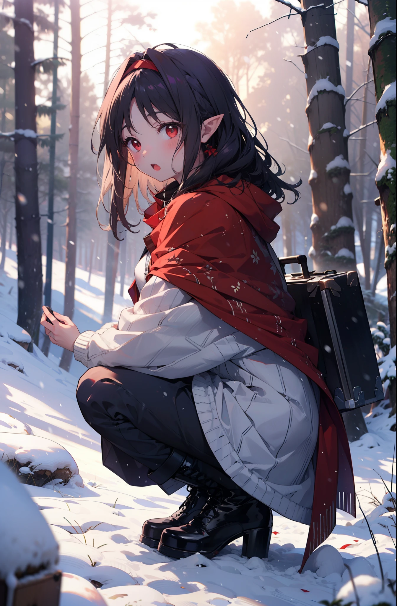 yuukikonno, Yuki Konno, hair band, Long Hair, Pointy Ears, Purple Hair, (Red eyes:1.5), (Small breasts:1.2),blush,White Breath, Open your mouth,snow, Bonfire, Outdoor, boots, snowing, From the side, 地面でBonfireをしている,wood, suitcase, Cape, Blurred, forest,  nature, Brown eyes, , Squat, Mouth closed, ,Cape, winter, Written boundary depth, Black shoes, red Cape
break looking at viewer, Upper Body, whole body,
break Outdoor, forest, nature,
break (masterpiece:1.2), highest quality, High resolution, unity 8k wallpaper, (shape:0.8), (Beautiful and beautiful eyes:1.6), Highly detailed face, Perfect lighting, Highly detailed CG, (Perfect hands, Perfect Anatomy),