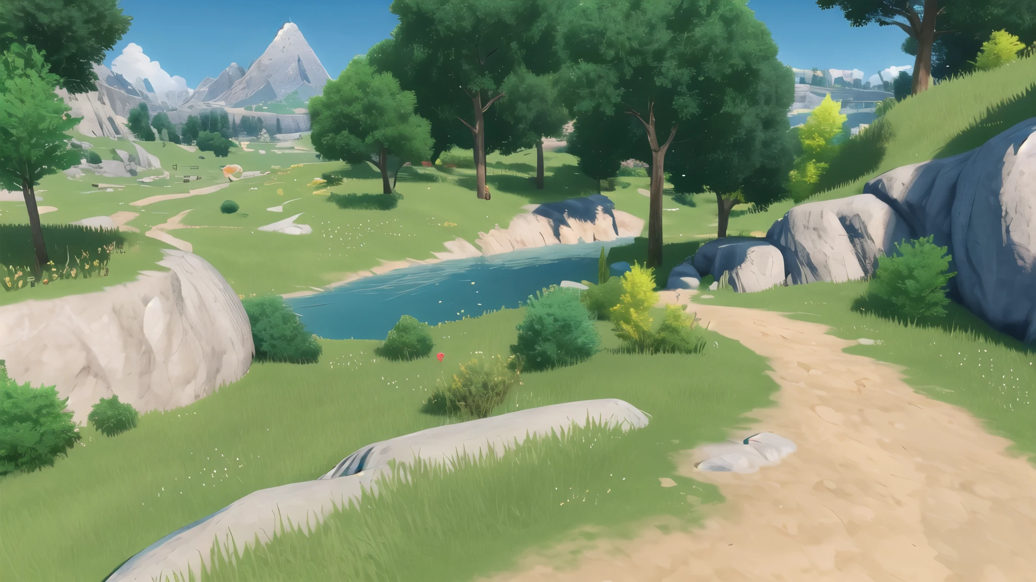 masterpiece, best quality, ultra-detailed, illustration, mondstadt, outdoors, scenery, field, nature, tree, grass, rock, water, river, bush, road, path, flower, plant, mountain, horizon, blue sky, sky