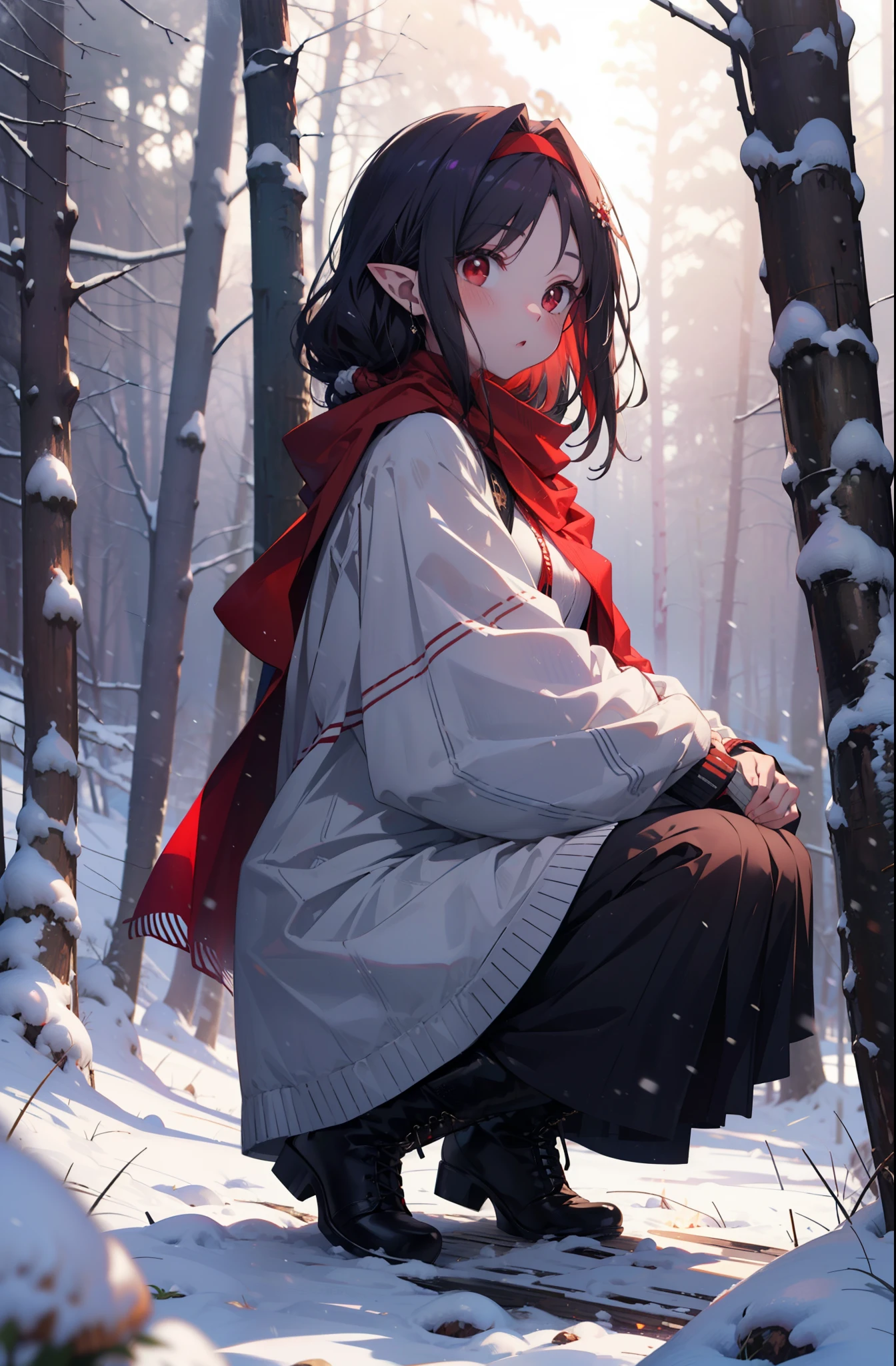 yuukikonno, Yuki Konno, hair band, Long Hair, Pointy Ears, Purple Hair, (Red eyes:1.5), (Small breasts:1.2),blush,White Breath, Open your mouth,snow, Bonfire, Outdoor, boots, snowing, From the side, 地面でBonfireをしている,wood, suitcase, Cape, Blurred, forest,  nature, Brown eyes, , Squat, Mouth closed, ,Cape, winter, Written boundary depth, Black shoes, red Cape
break looking at viewer, Upper Body, whole body,
break Outdoor, forest, nature,
break (masterpiece:1.2), highest quality, High resolution, unity 8k wallpaper, (shape:0.8), (Beautiful and beautiful eyes:1.6), Highly detailed face, Perfect lighting, Highly detailed CG, (Perfect hands, Perfect Anatomy),