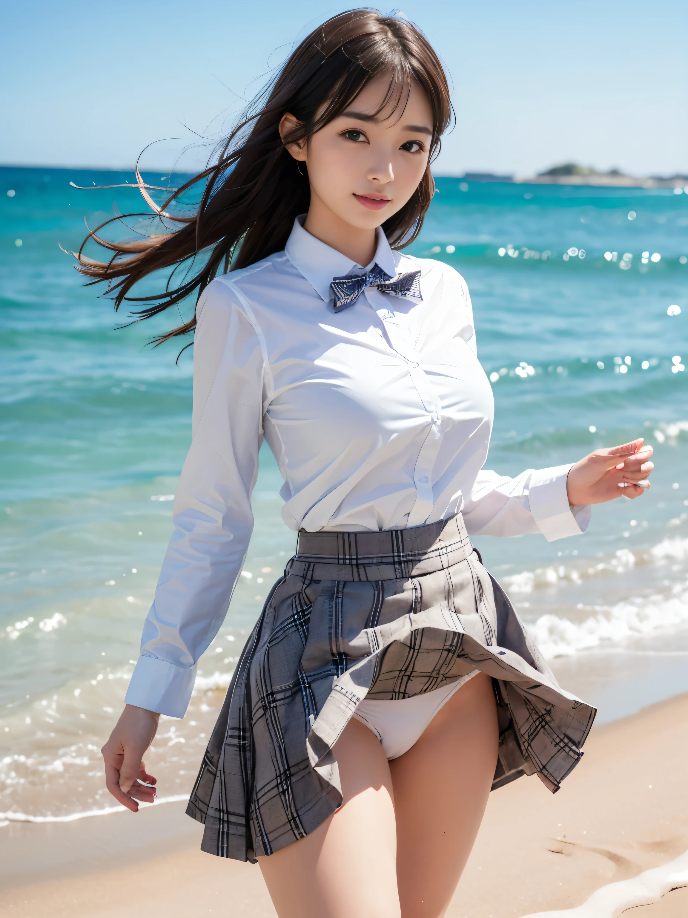 ultra highres,(reality: 1.4),highest quality, masterpiece, high detail, 16K quality, beautiful, 1 beautiful girl,japanese,super beautiful face,,japanese idol face,cute face,super detailed face,detailed hand,beautiful skin,sweaty skin,big eyes,big smile,profeccional lighting,medium hair, black hair,brown beautiful eyes, white shirt,bowtie,brown checked skirt,standing,skirt lift,((wind lift:1.3)),(((show off panties))),((white panty)),medium breasts,she is looking at the camera,beach,blue sky, beautiful blue ocean,nsfw,from front,