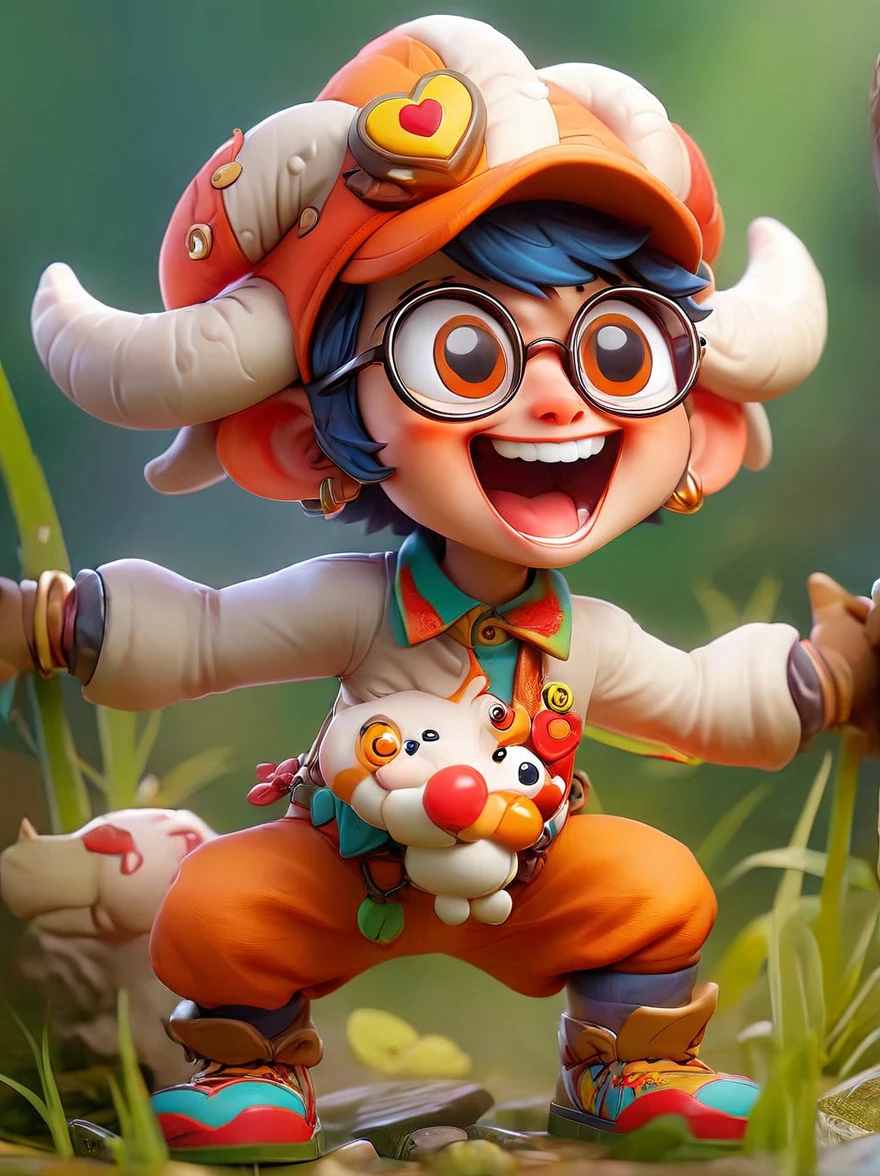 (chibi)，(masterpiece, top quality, best quality, official art, beautiful and aesthetic:1.2), cute lamb ip,koi,chibi face,grass,red scar, laugh,beautiful dress, cute cartoon diagonal shoulder bag, orange cartoon glasses, yellow pattern wool cap, 1fkxc1