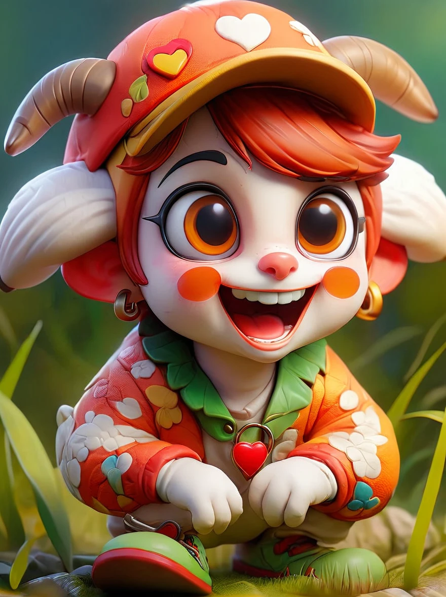(chibi)，(masterpiece, top quality, best quality, official art, beautiful and aesthetic:1.2), cute lamb ip,koi,chibi face,grass,red scar, laugh,beautiful dress, cute cartoon diagonal shoulder bag, orange cartoon glasses, yellow pattern wool cap, 1fkxc1