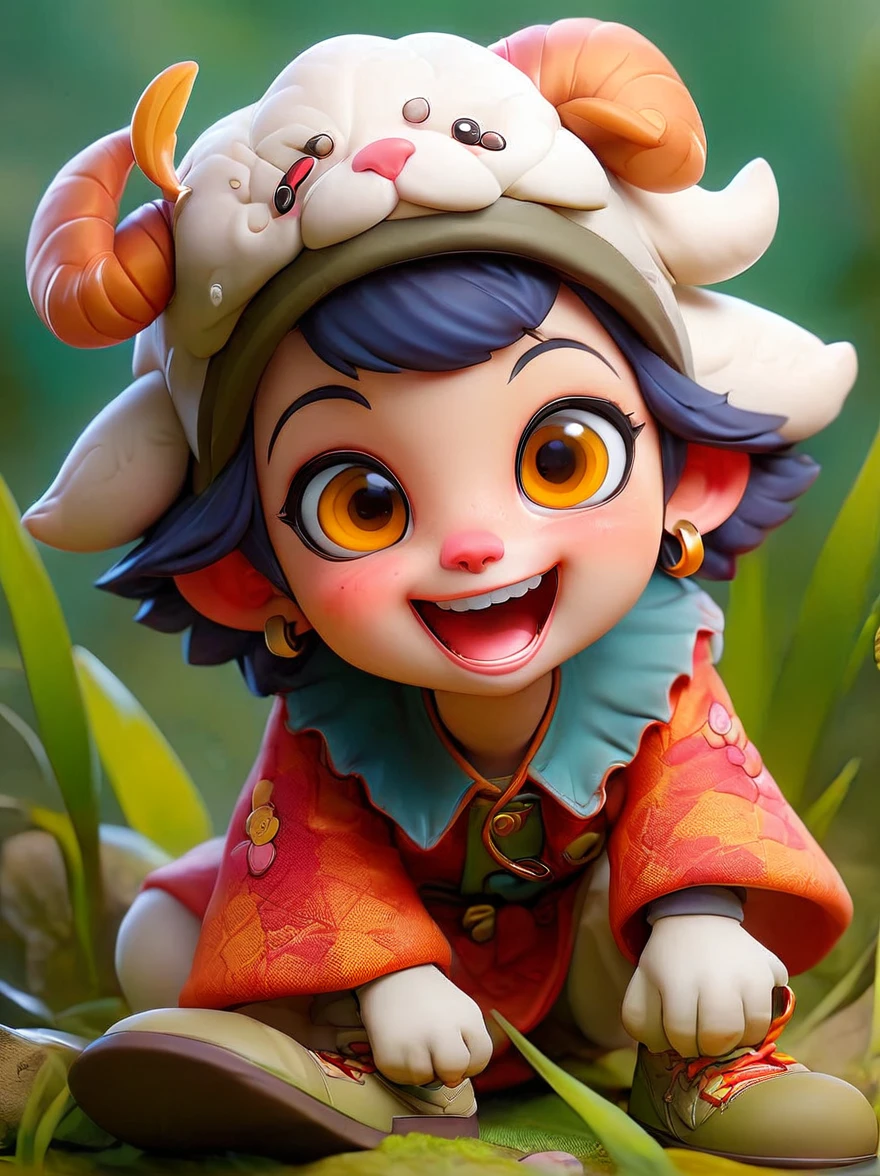 (chibi)，(masterpiece, top quality, best quality, official art, beautiful and aesthetic:1.2), cute lamb ip,koi,chibi face,grass,red scar, laugh,beautiful dress, cute cartoon diagonal shoulder bag, orange cartoon glasses, yellow pattern wool cap, 1fkxc1