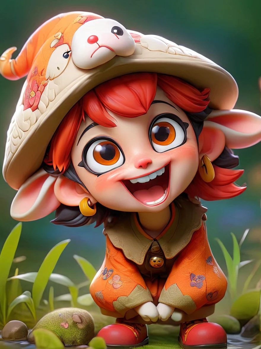 (chibi),(masterpiece, top quality, best quality, official art, beautiful and aesthetic:1.2), cute lamb ip,koi,chibi face,grass,red scar, laugh,beautiful dress, cute cartoon diagonal shoulder bag, orange cartoon glasses, yellow pattern wool cap, 1fkxc1