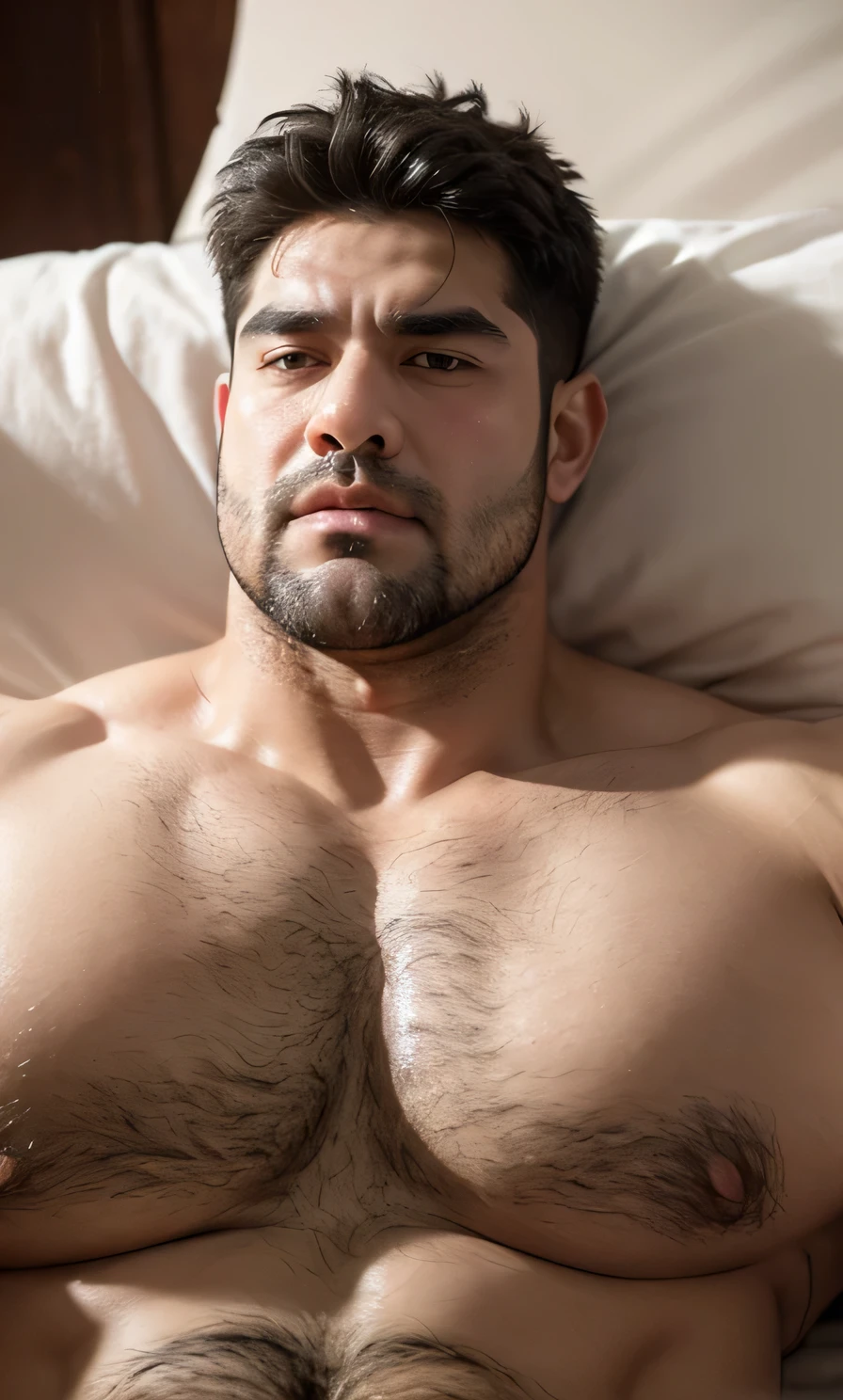 Hulk muscular uncle，nice，big breasts slightly fat，Short beard，Thick eyebrows，Brush Cut，Have chest muscles，，Black socks，Showing off chest muscles，chest hair，Sweat all over the body，Very shy expression，Lying in bed，Lying on your back