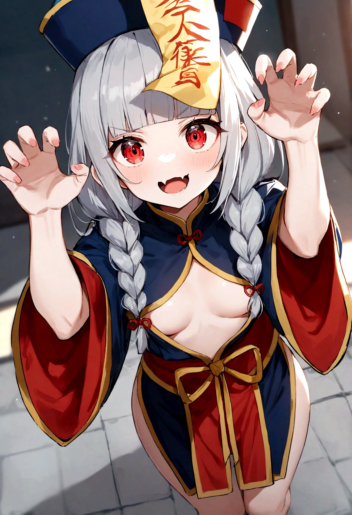 1girl, solo, jiangshi, twin braids, blunt bangs, red eyes,
qingdai guanmao with a ofuda, chinese clothes,
claw pose, small fangs