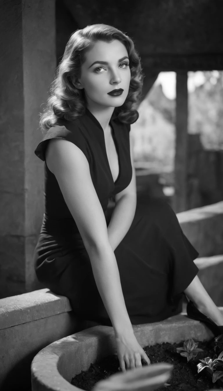 film noir style masterpiece,best quality,ultra_detailed, bellissima,1girl sitting on a planter, monochrome, high contrast, dramatic shadows, 1940s style, mysterious, cinematic