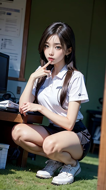 Beautiful Japanese woman in golf wear, Real person, Detailed body, Squat, Live Action,, Skirt flip, office lady