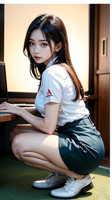 Beautiful Japanese woman in golf wear, Real person, Detailed body, Squat, Live Action,, Skirt flip, office lady