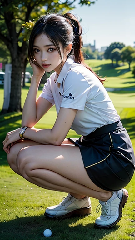 Beautiful Japanese woman in golf wear, Real person, Detailed body, Squat, Live Action,, Skirt flip, office lady
