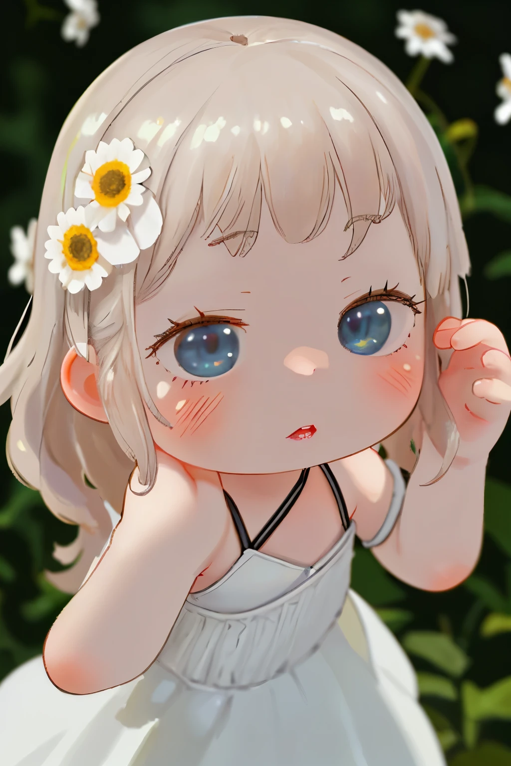 1girl, highly detailed, photorealistic, adorable chibi girl, holding a daisy in her left hand, plucking the petals of the daisy with her right hand, beautiful detailed eyes, beautiful detailed lips, extremely detailed face and hair, intricate floral dress, soft lighting, delicate petals, serene expression, pastoral garden background, vibrant colors, cinematic composition, masterpiece, (best quality,4k,8k,highres,masterpiece:1.2),ultra-detailed,(realistic,photorealistic,photo-realistic:1.37)