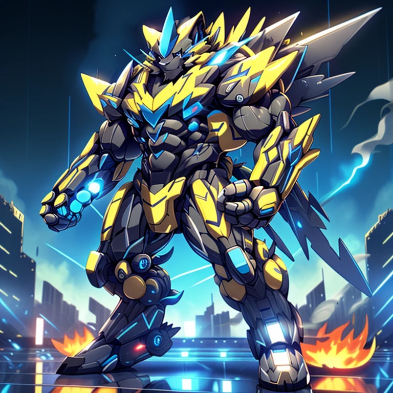 gigantic 10 storey tall zeraora holding huge assault rifles on both, hands with large shoulder missile launchers and a plasma blade, high detail, standing in a rainy city, 8k, high resolution, giant mechanical Muscular Zeraora, 
giant mechanical Muscular Zeraora is trampling the city, Zeraora is over 1000 meters long.   Additional details: (masterpiece, official art, 8k, best quality) terrifying and imposing design, (smoke and flames rising from the destruction in the background, a lone figure) (high-tech bio-mecha armor, real texture material), (gigantic muscles, Gigachad Muscular, big muscle, pecs, triceps, traps, unusually developed muscular body, body full of huge muscles. showing off muscles, pectorales enormes, Exaggeratedly huge muscles.),
(whole body shines like metal, Wearing cyberpunk mecha, emphasizes the muscles, suit fully made of metal, intricate armor, Robotic suit, suit fully made of metal, cyborg), 