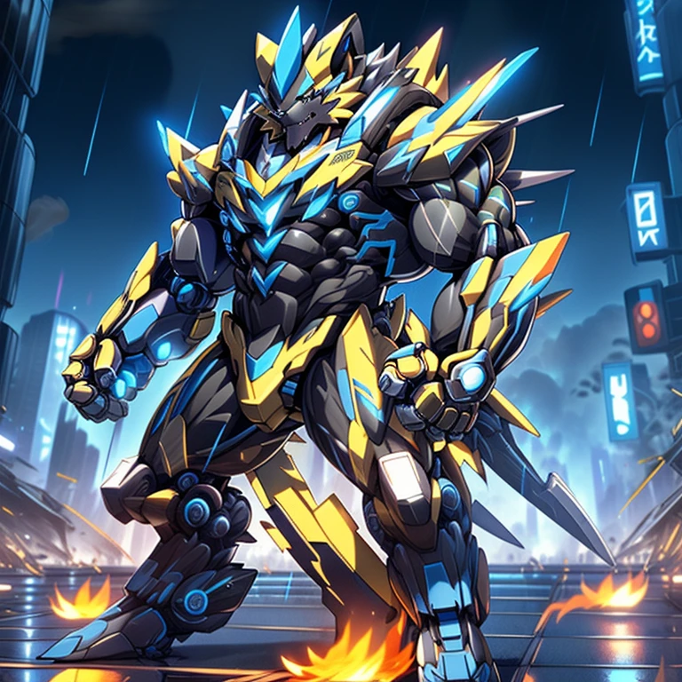 gigantic 10 storey tall zeraora holding huge assault rifles on both, hands with large shoulder missile launchers and a plasma blade, high detail, standing in a rainy city, 8k, high resolution, giant mechanical Muscular Zeraora, 
giant mechanical Muscular Zeraora is trampling the city, Zeraora is over 1000 meters long.   Additional details: (masterpiece, official art, 8k, best quality) terrifying and imposing design, (smoke and flames rising from the destruction in the background, a lone figure) (high-tech bio-mecha armor, real texture material), (gigantic muscles, Gigachad Muscular, big muscle, pecs, triceps, traps, unusually developed muscular body, body full of huge muscles. showing off muscles, pectorales enormes, Exaggeratedly huge muscles.),
(whole body shines like metal, Wearing cyberpunk mecha, emphasizes the muscles, suit fully made of metal, intricate armor, Robotic suit, suit fully made of metal, cyborg), 