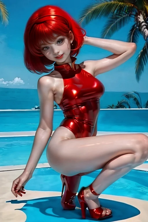 NSFW、Top image quality、top-quality、8K picture quality、1girll、full body Esbian、hitomi、A smile、embarrassed from、red blush、Beautiful fece、Bob hair、(Red headband:1.2)、(Gold Metallic:1.4)、(Sleeveless)、(High neck competitive swimsuit)、(highleg)、(Cameltoe)、(pin heels)、Squatting on the ground、(Open your crotch wide from side to side)、Arms behind head、(Show off your armpits)、gazing at viewer、((Face the viewer))、((Show viewers your crotch)) 、((Frontal shot))、in poolside、profetional lighting、professional photograpy