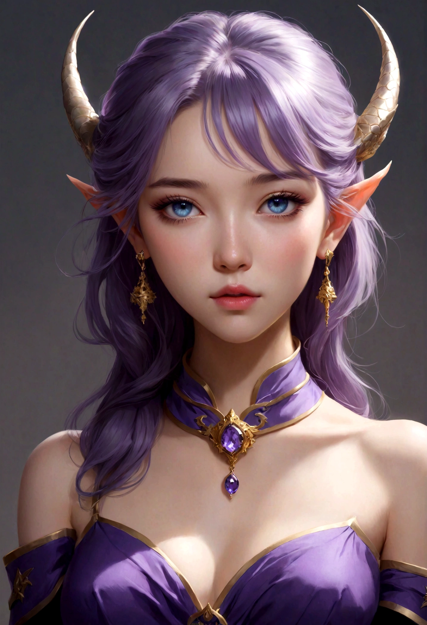 there is a 18 years old in a purple dress holding a dragon, wlop and ross tran, ross tran 8 k, fantasy art style, chengwei pan on artstation, a beautiful fantasy empress, ross tran and wlop, ruan jia and artgerm, the dragon girl portrait, ig model | artgerm, artgerm and ruan jia,beautiful 1girl bangs blue eyes closed mouth ear piercing earrings grey background hair ornament jewelry lips looking at viewer military military uniform nose piercing portrait realistic short hair simple background solo upper body