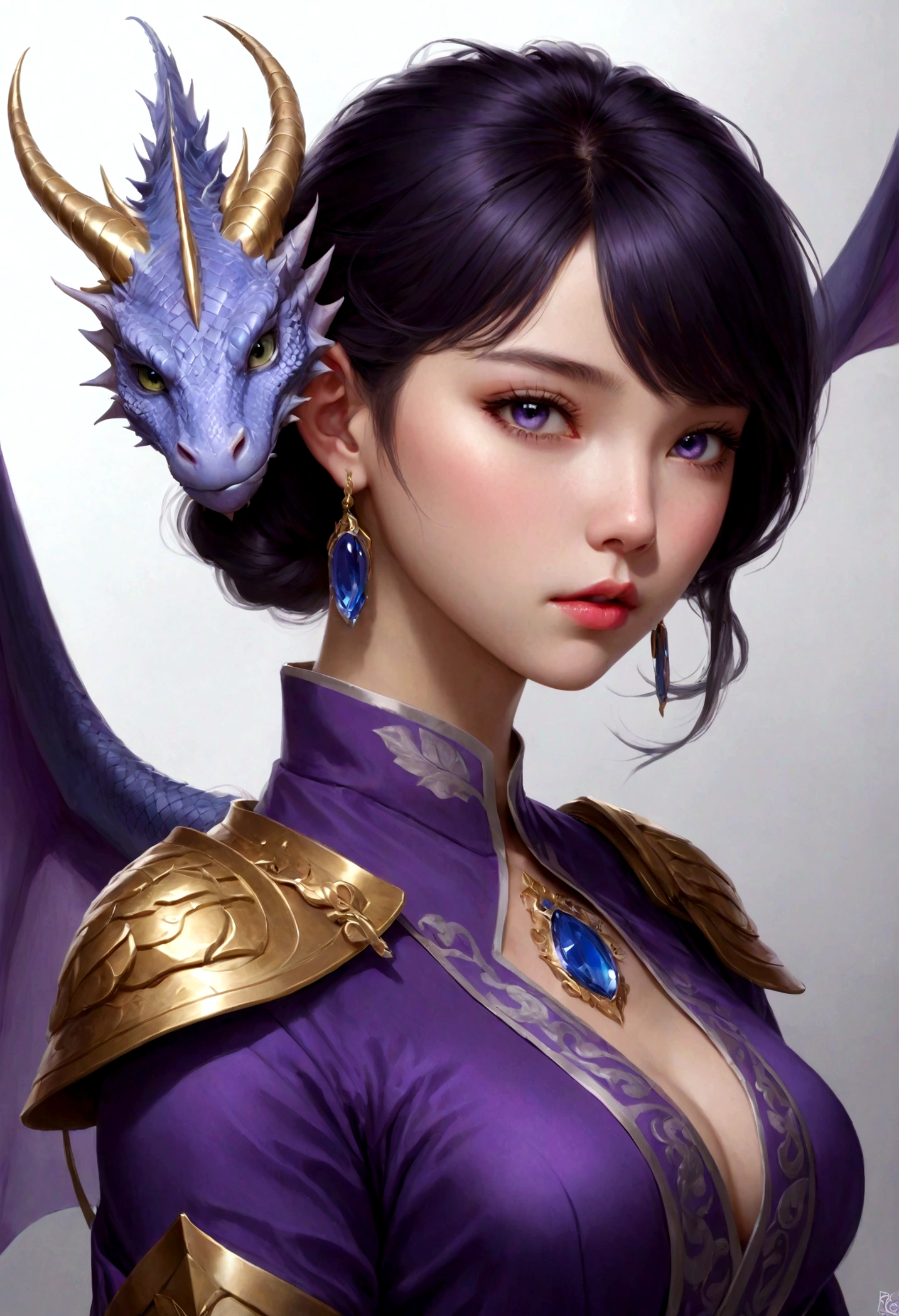 there is a 18 years old in a purple dress holding a dragon, wlop and ross tran, ross tran 8 k, fantasy art style, chengwei pan on artstation, a beautiful fantasy empress, ross tran and wlop, ruan jia and artgerm, the dragon girl portrait, ig model | artgerm, artgerm and ruan jia，beautiful 1girl bangs blue eyes closed mouth ear piercing earrings grey background hair ornament jewelry lips looking at viewer military military uniform nose piercing portrait realistic short hair simple background solo upper body