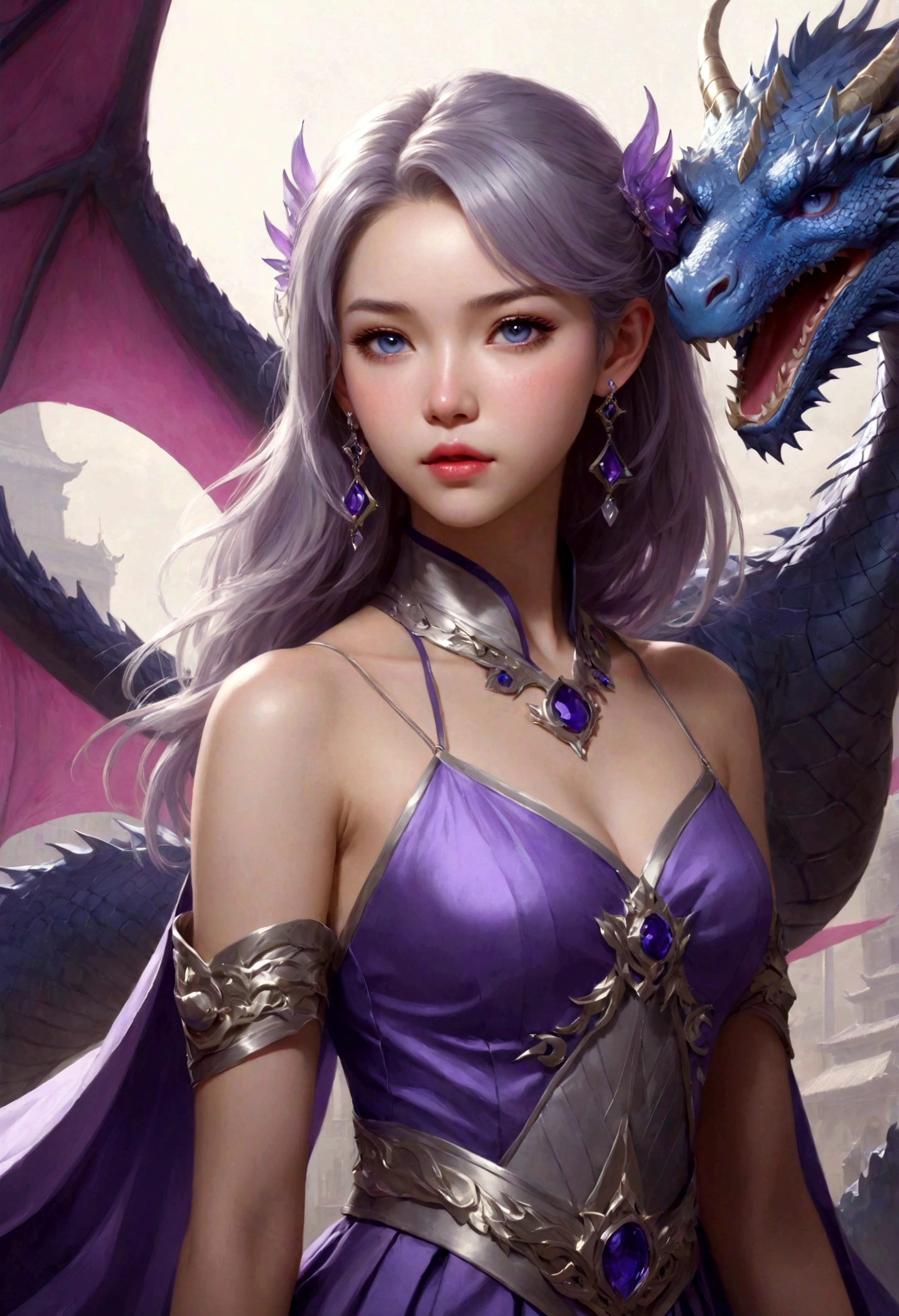 there is a 18 years old in a purple dress holding a dragon, wlop and ross tran, ross tran 8 k, fantasy art style, chengwei pan on artstation, a beautiful fantasy empress, ross tran and wlop, ruan jia and artgerm, the dragon girl portrait, ig model | artgerm, artgerm and ruan jia，beautiful 1girl bangs blue eyes closed mouth ear piercing earrings grey background hair ornament jewelry lips looking at viewer military military uniform nose piercing portrait realistic short hair simple background solo upper body