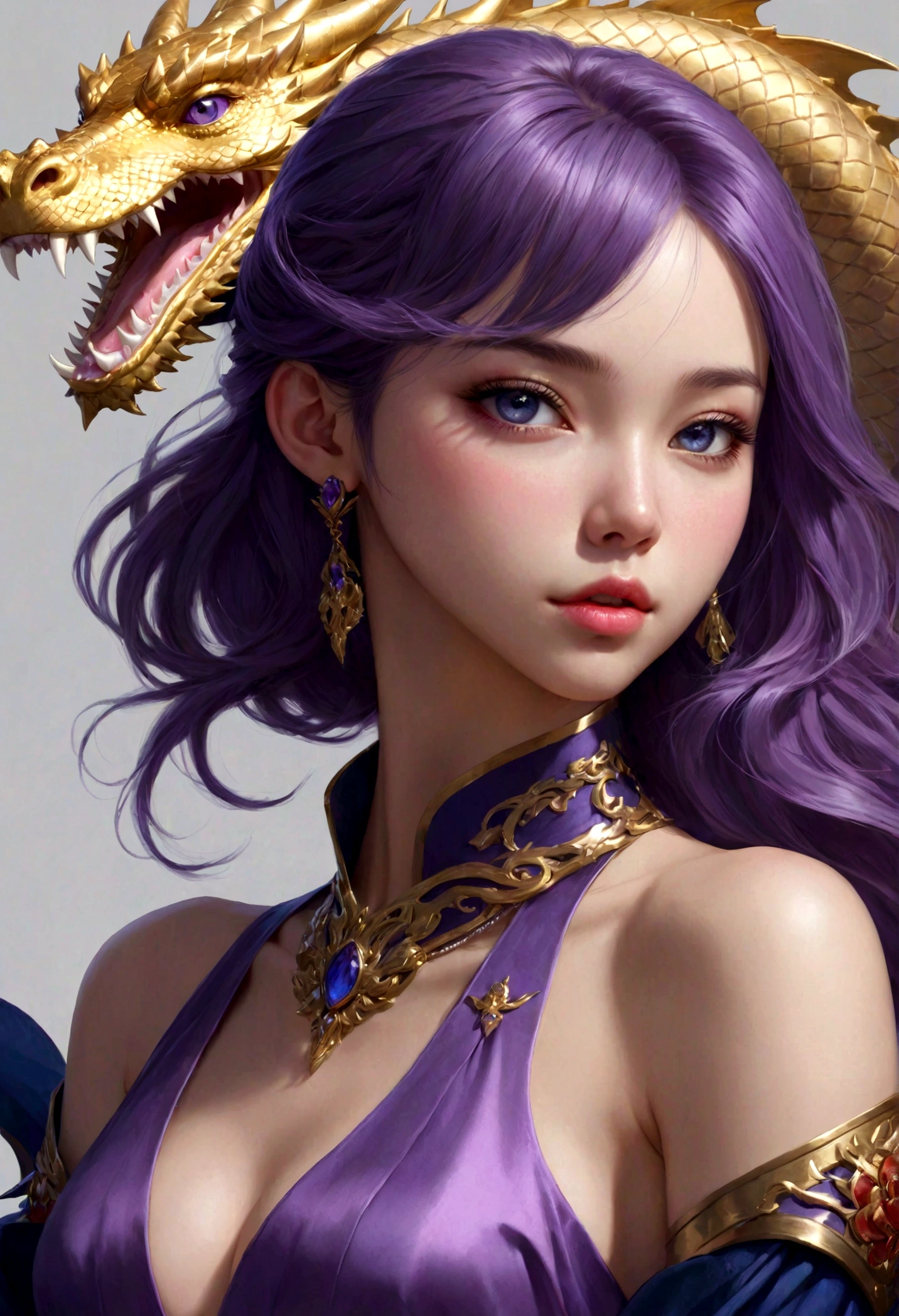 there is a 18 years old in a purple dress holding a dragon, wlop and ross tran, ross tran 8 k, fantasy art style, chengwei pan on artstation, a beautiful fantasy empress, ross tran and wlop, ruan jia and artgerm, the dragon girl portrait, ig model | artgerm, artgerm and ruan jia,beautiful 1girl bangs blue eyes closed mouth ear piercing earrings grey background hair ornament jewelry lips looking at viewer military military uniform nose piercing portrait realistic short hair simple background solo upper body