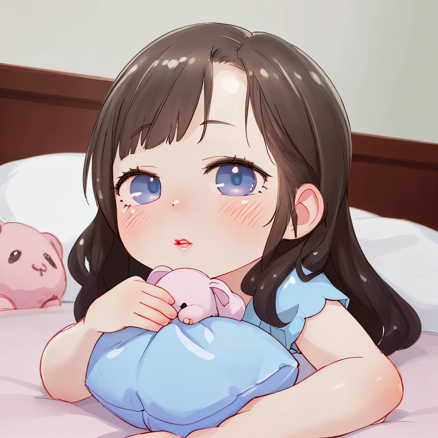 a cute doll in pajamas, photorealistic, beautiful detailed eyes, beautiful detailed lips, extremely detailed face, longeyelashes, 1girl, sitting on bed, having pajama party, warm lighting, soft pastel colors, cozy bedroom interior, plush toys, stuffed animals, decorative pillows, fuzzy blankets, (best quality,4k,8k,highres,masterpiece:1.2),ultra-detailed,(realistic,photorealistic,photo-realistic:1.37),HDR,UHD,studio lighting,ultra-fine painting,sharp focus,physically-based rendering,extreme detail description,professional,vivid colors,bokeh