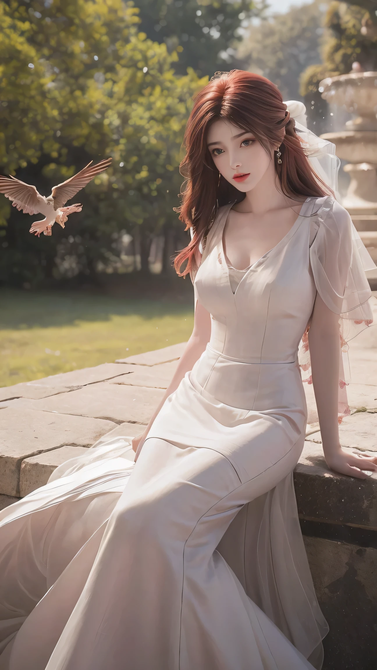 8K Ultra HD, Mastmis, A girl, Good face, Detailed, Eyes, Beautiful lips, Very red hair, dishiveredhair, Medium breasts, Wedding dress, White dress, In the park, Flying birds, blows wind, clear weather, Sitting, Full body capture,