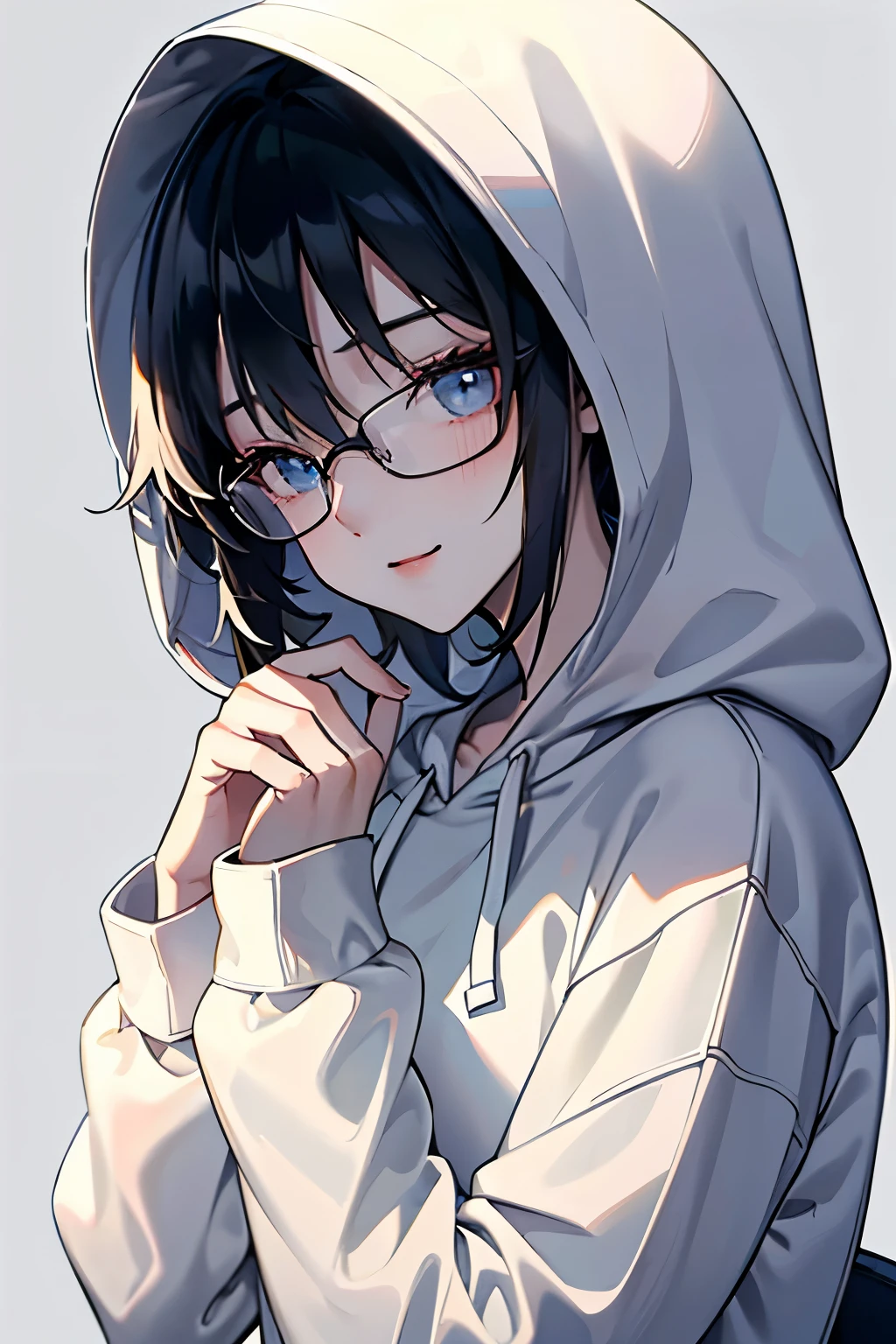 An anime-style girl with short, sleek black hair, donning a cozy hoodie with the hood pulled up and glasses perched on her nose. The image zooms in on the upper half of her body, showcasing her captivating eyes and gentle smile. Her hands are casually tucked into the hoodie pockets. The background is kept simple and minimalistic to highlight her relaxed yet charming demeanor. The hoodie adds a touch of casual style, accentuating her youthful and laid-back look. The atmosphere exudes a sense of lightness and tranquility, capturing her natural beauty and grace.