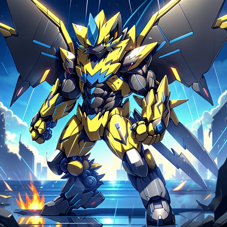 gigantic 10 storey tall zeraora holding huge assault rifles on both, hands with large shoulder missile launchers and a plasma blade, high detail, standing in a rainy city, 8k, high resolution, giant mechanical Muscular Zeraora, 
giant mechanical Muscular Zeraora is trampling the city, Zeraora is over 1000 meters long.   Additional details: (masterpiece, official art, 8k, best quality) terrifying and imposing design, (smoke and flames rising from the destruction in the background, a lone figure) (high-tech bio-mecha armor, real texture material), (gigantic muscles, Gigachad Muscular, big muscle, pecs, triceps, traps, unusually developed muscular body, body full of huge muscles. showing off muscles, pectorales enormes, Exaggeratedly huge muscles.),
(whole body shines like metal, Wearing cyberpunk mecha, emphasizes the muscles, suit fully made of metal, intricate armor, Robotic suit, suit fully made of metal, cyborg), (Spread wings, It has wings, have big wings, golden wings), (giant zeraora, Zeraora's giant robot, Powered exoskeleton with the same design as Zeraora), gundam,