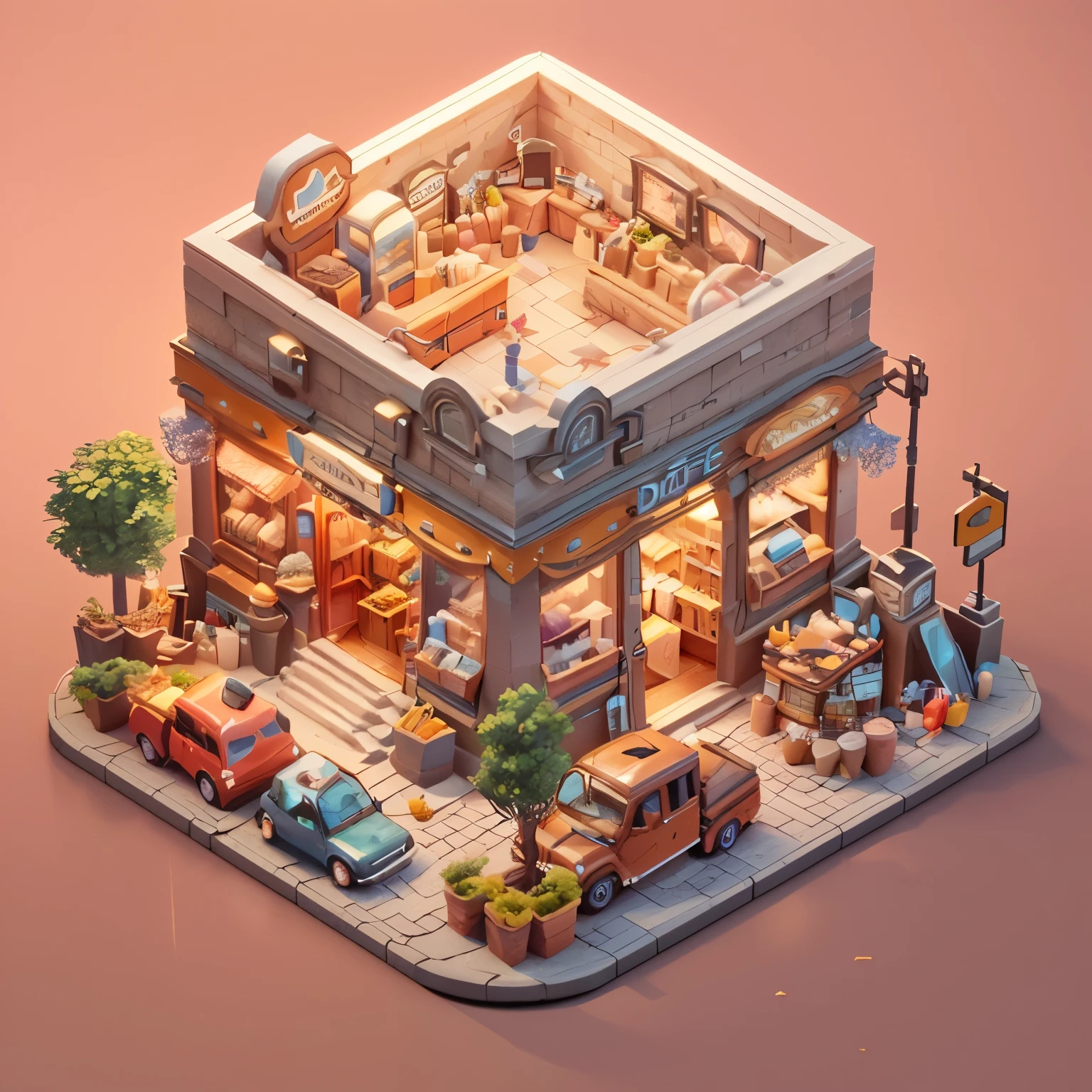 a close up of a small building with a car and a truck, high detailed store, stylized 3d render, 3 d render stylized, cute 3 d render, 3 d stylize scene, realistic 3 d style, miniature cafe diorama, isometric 3d render, 3 d epic illustrations, 3d marketplace, 3 d illustration, isometric art