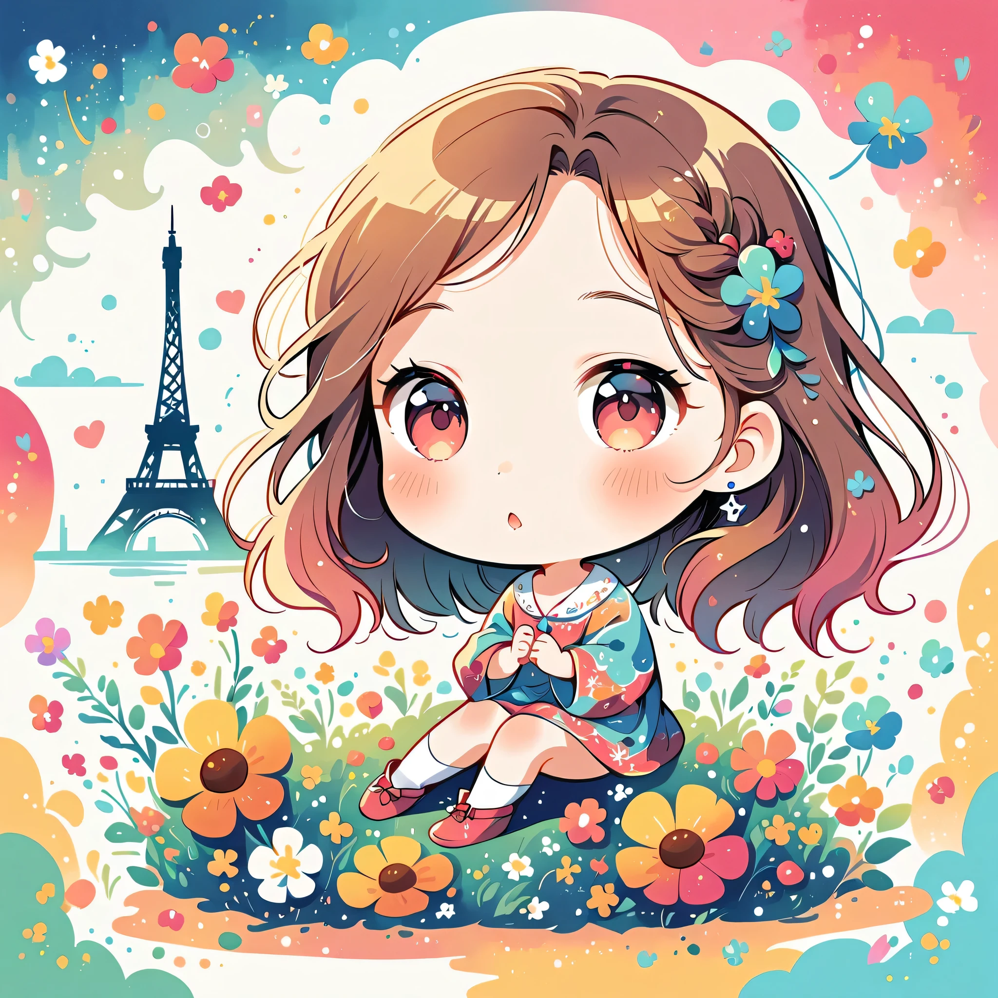 Hayao Miyazaki Style、The most beautiful girl of all time、Lips in Love、Colorful flowers、Simple line initials、Abstract art、Paris Background, (((chibi)))